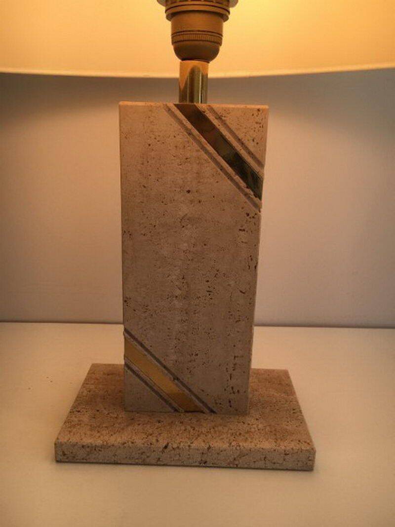 Travertine lamp with brass inlay