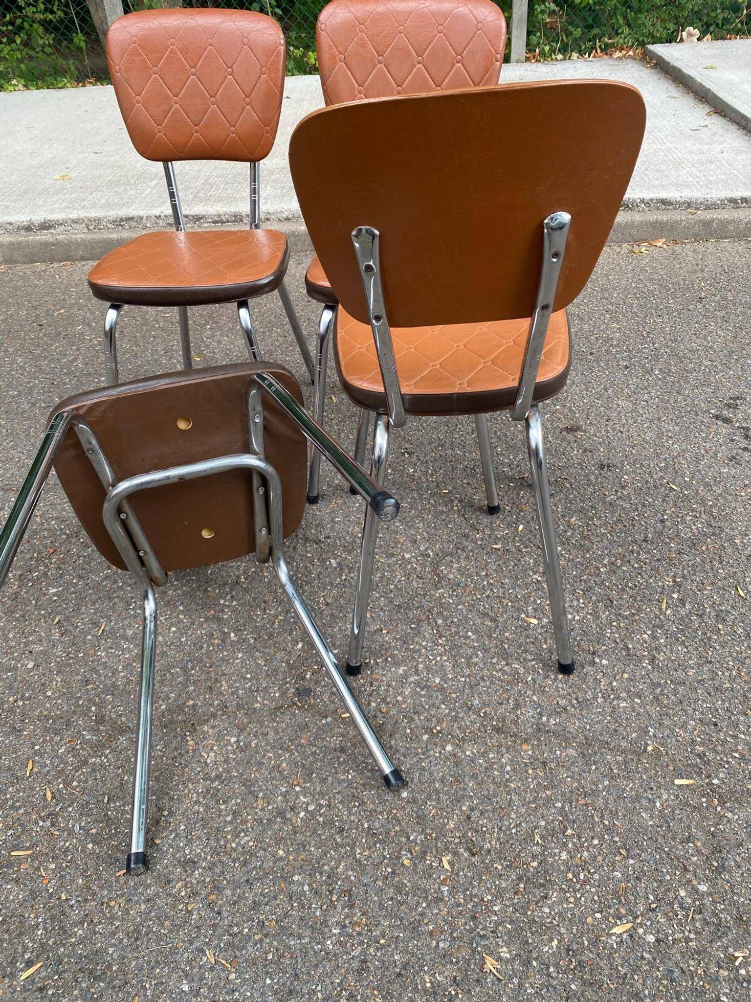 Set of 4 vintage camel faux leather quilted chairs with chrome metal by Soudexvinyl from the 70s.