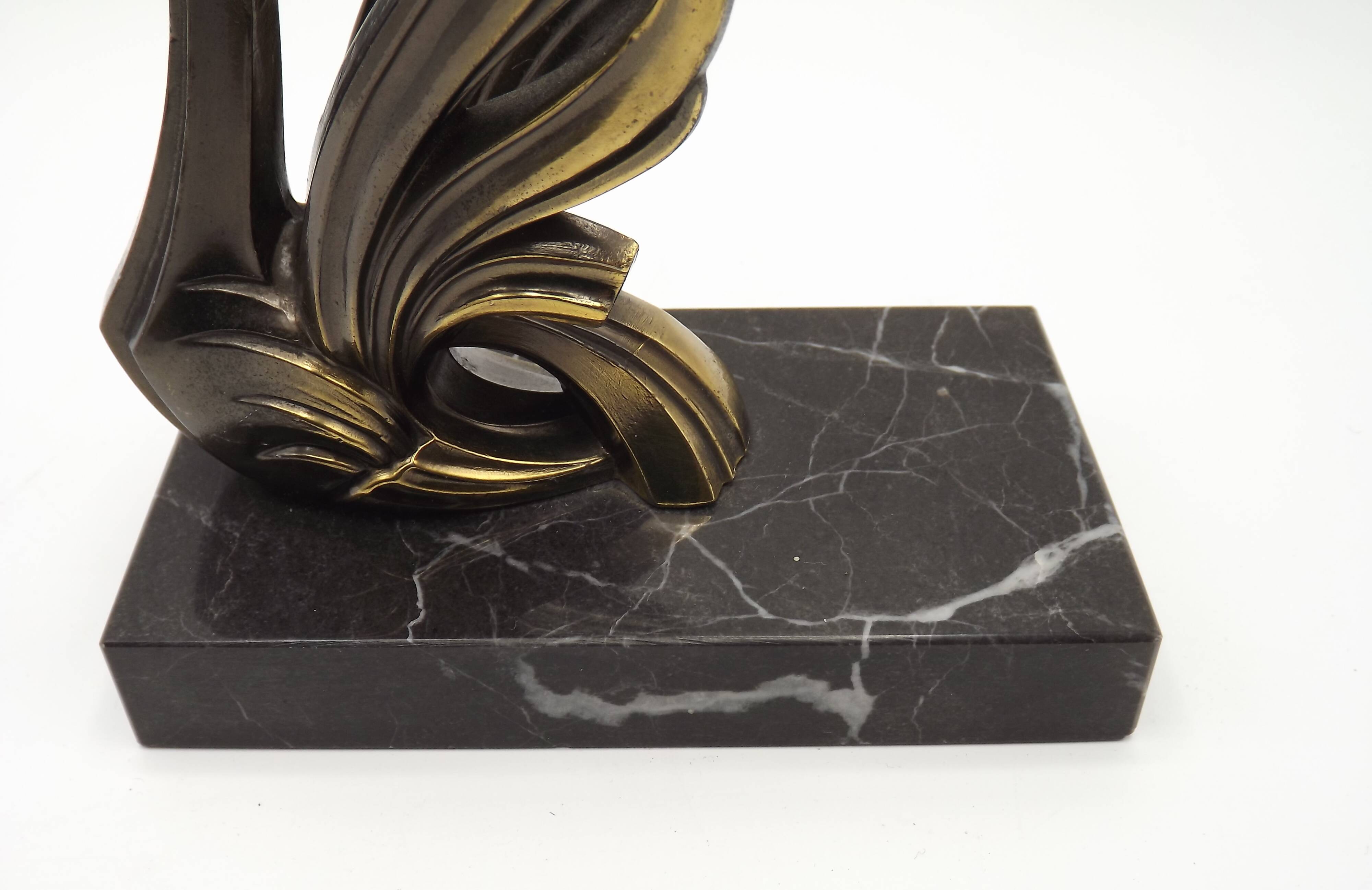 French Art Deco Bronzed Effect Spelter Swan Book Ends Black Marble Base