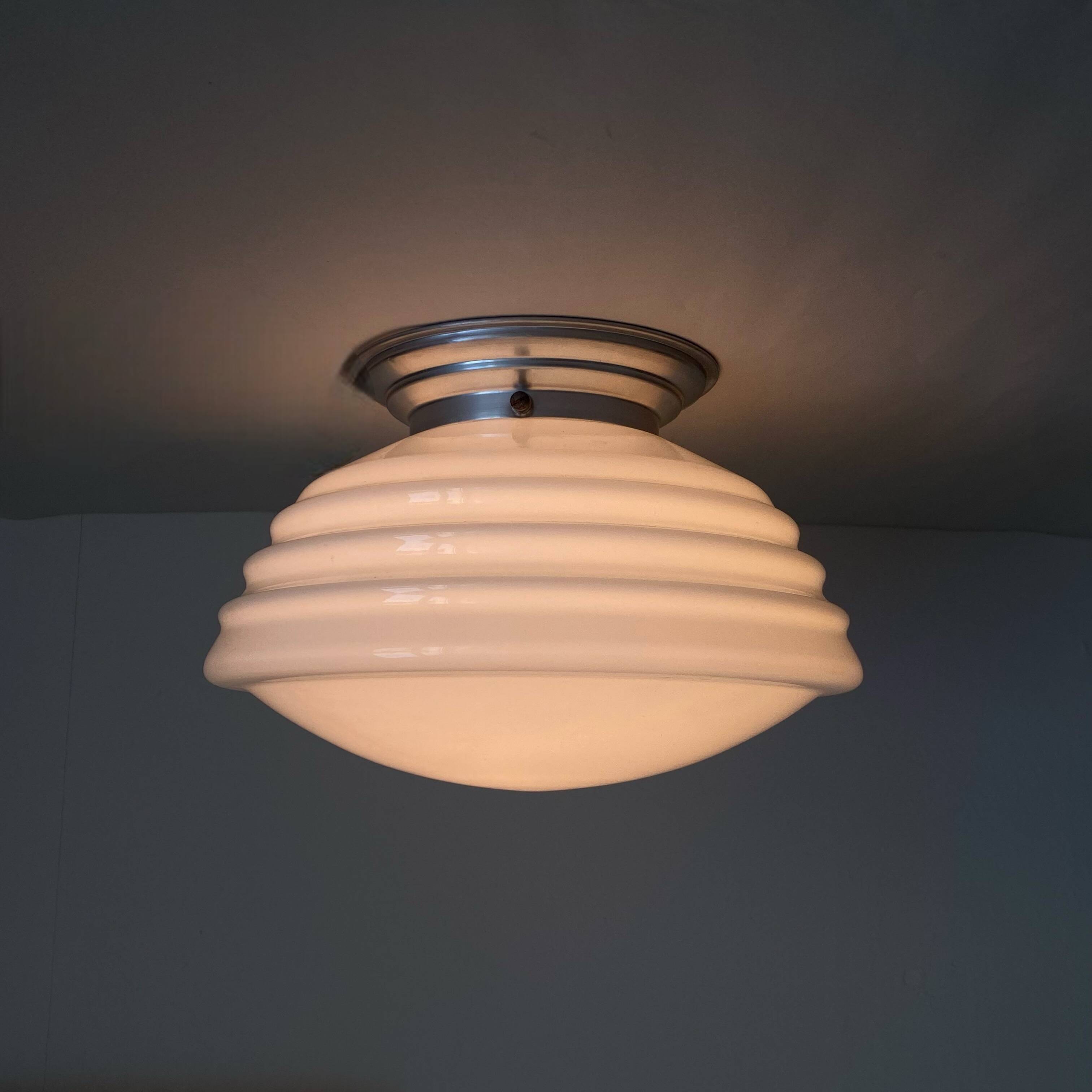 Round ceiling light, white opaline glass, antique lighting fixture