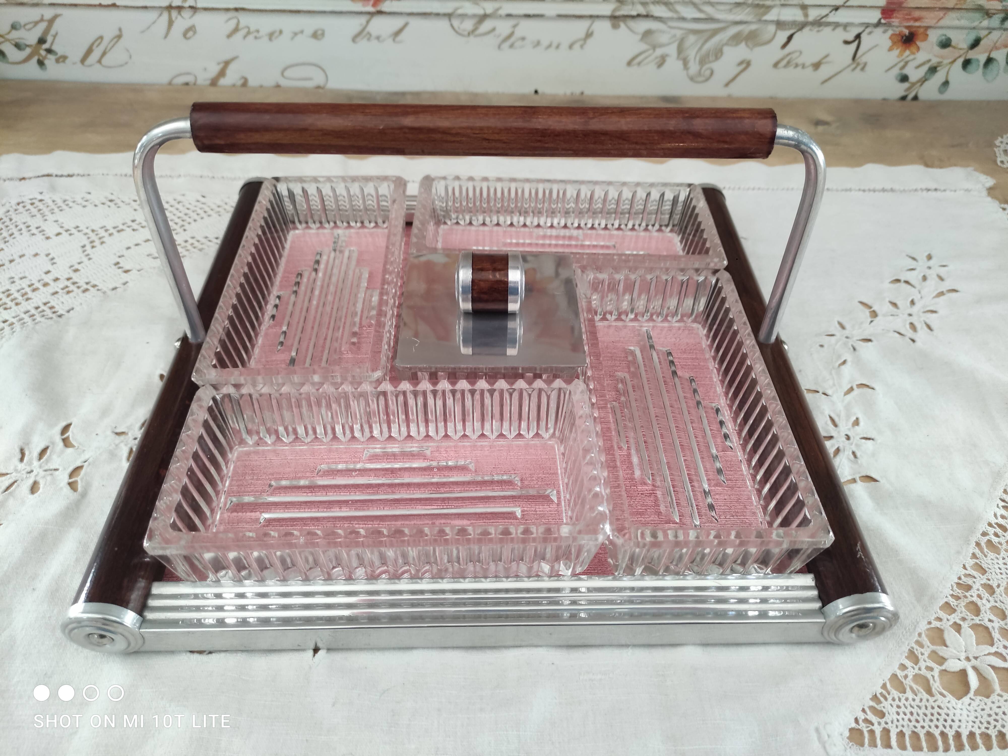 Vintage appetizer tray in wood, glass and metal