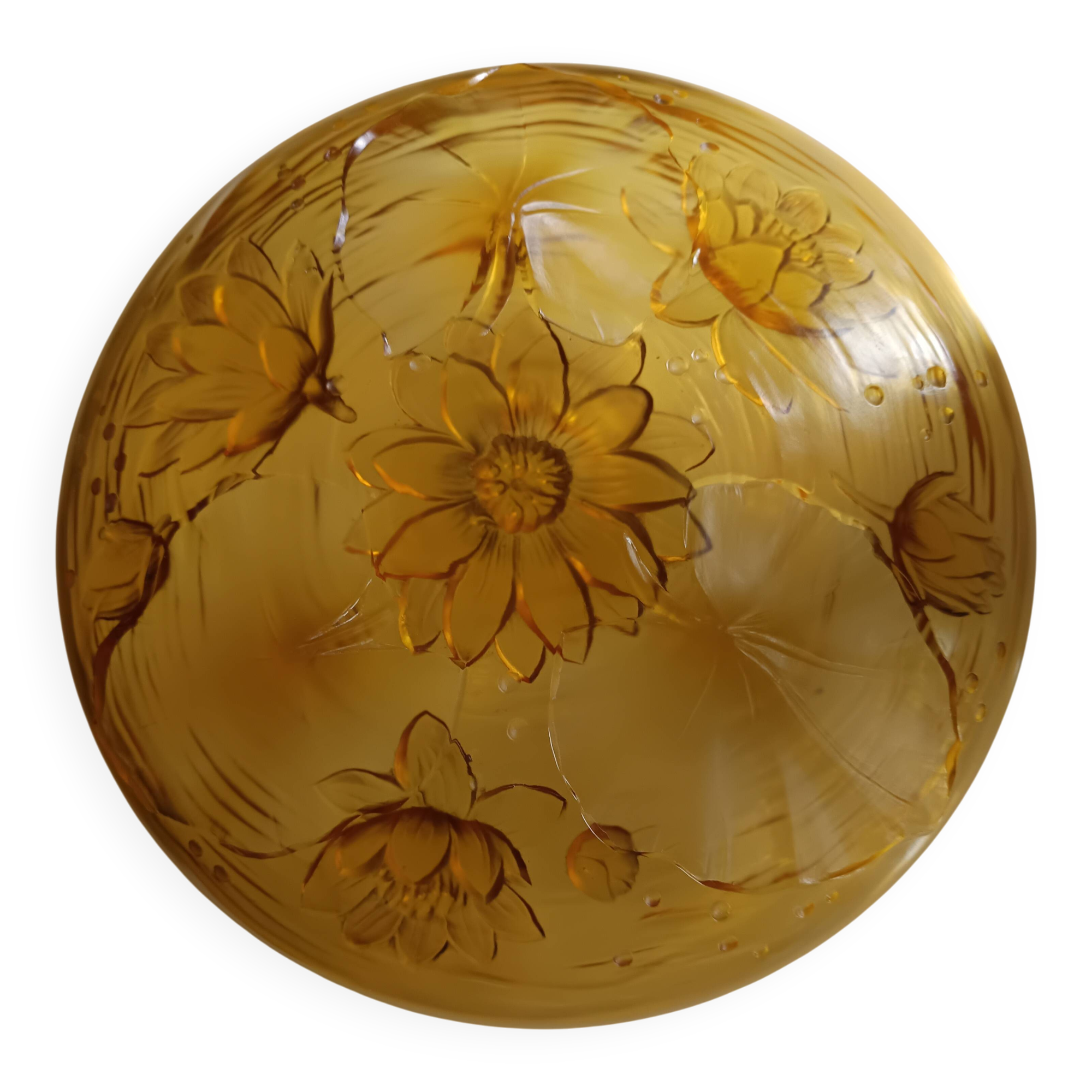 Verlys cup Water lily flowers amber molded pressed glass 60s