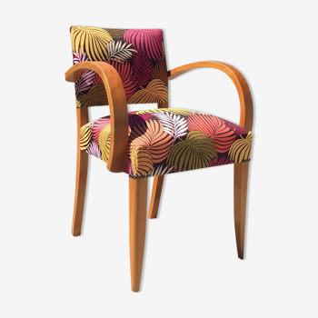 Wide vintage bridge chair restored multicolored foliage pattern