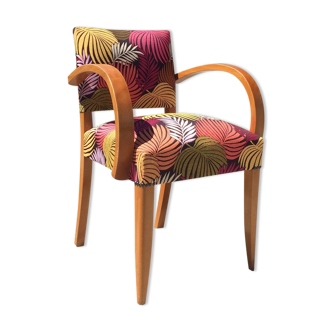 Wide vintage bridge chair restored multicolored foliage pattern