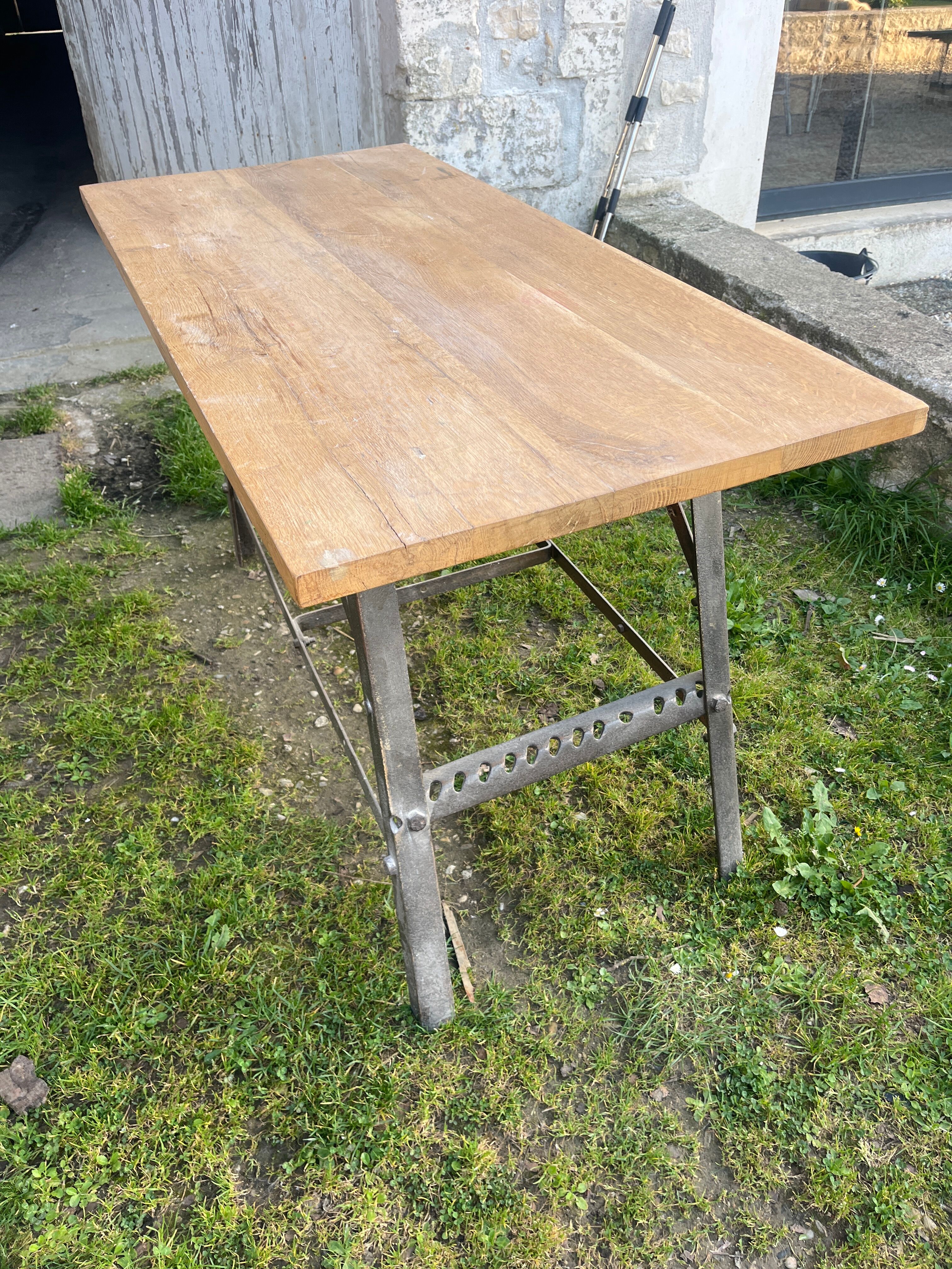 Industrial console, oak top and metal structure.