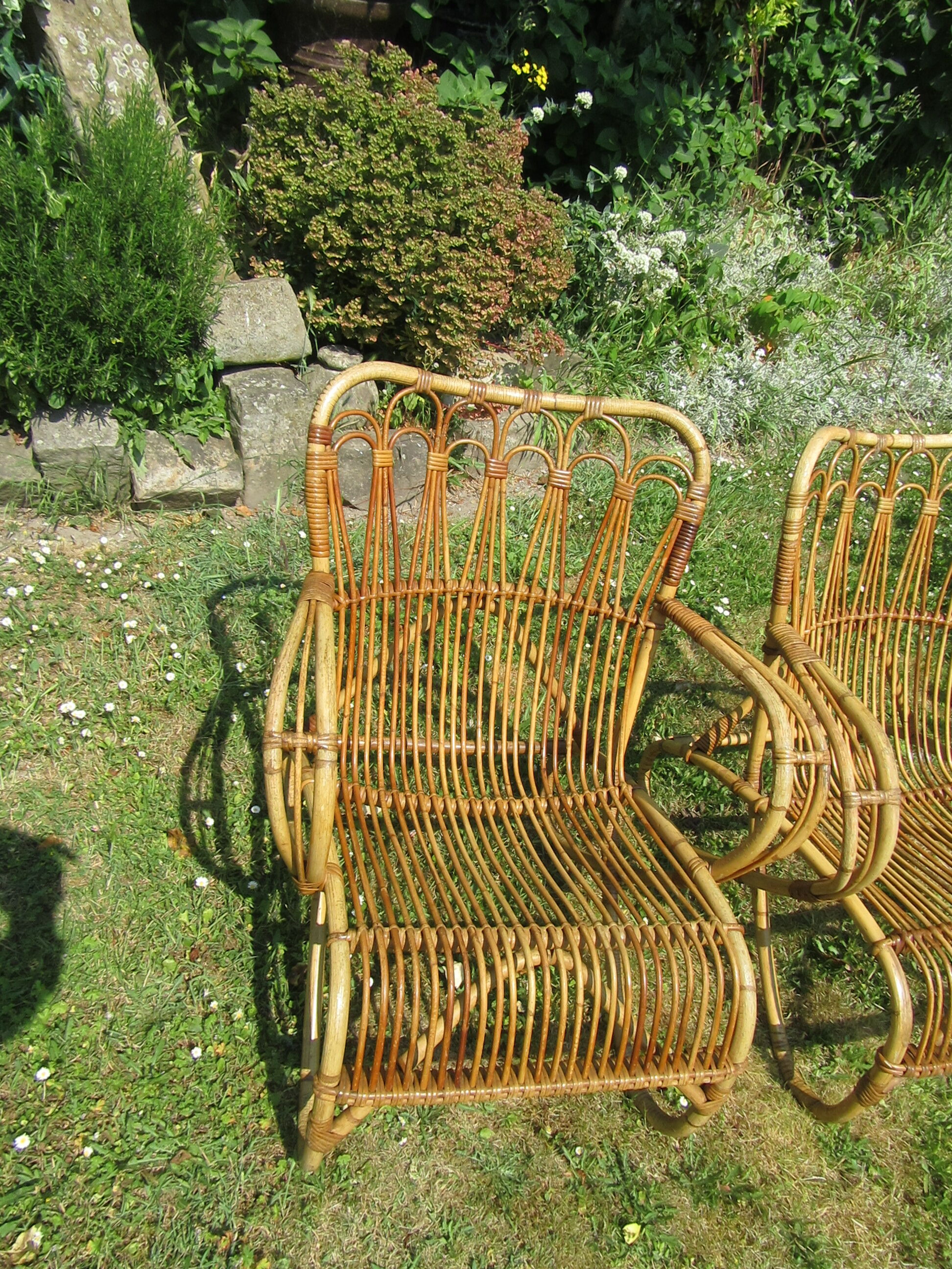 Pair vintage rattan armchairs