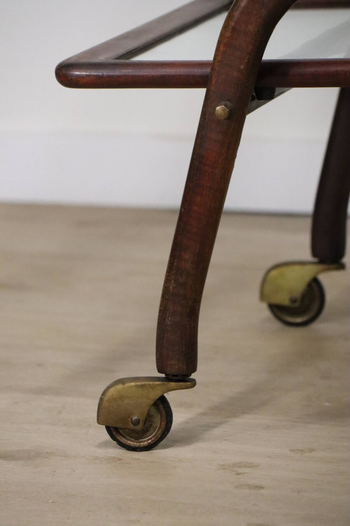Vintage wooden and glass rolling trolley, 1960