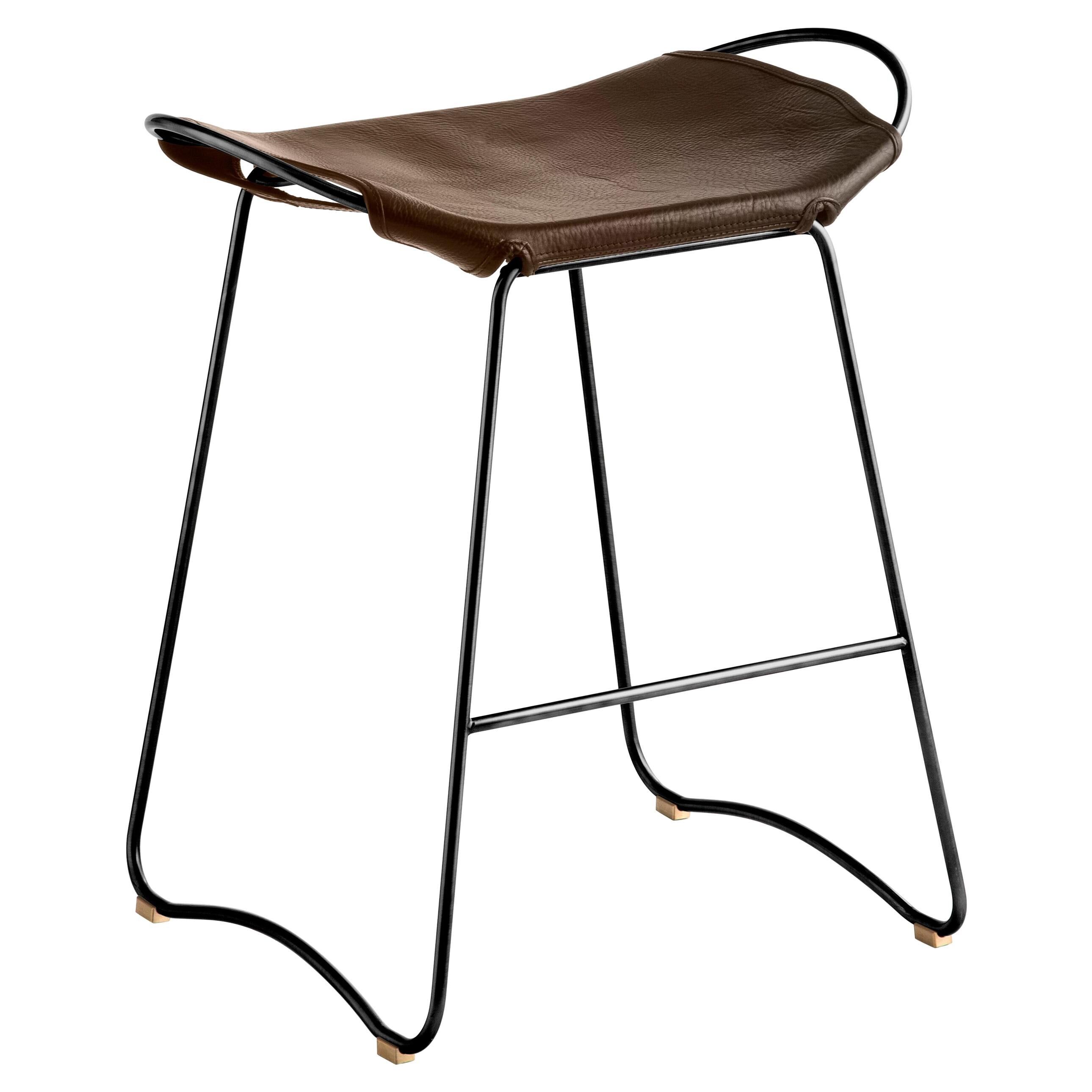 Contemporary Kitchen CounterStool Black Smoke Metal & Dark Brown Leather
