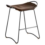 Contemporary Kitchen CounterStool Black Smoke Metal & Dark Brown Leather