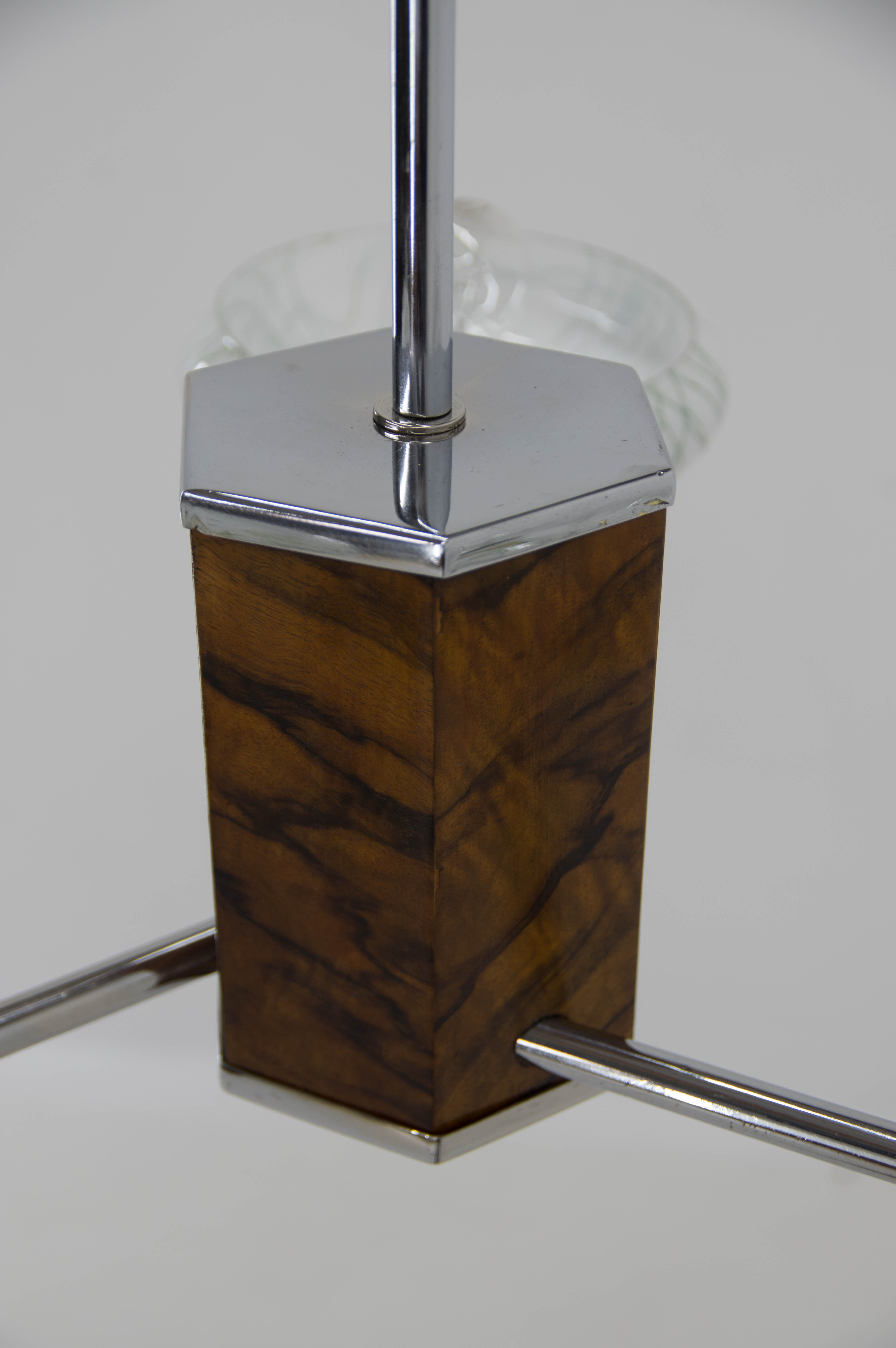 Art deco wood chrome and glass chandelier, 1940s, restored