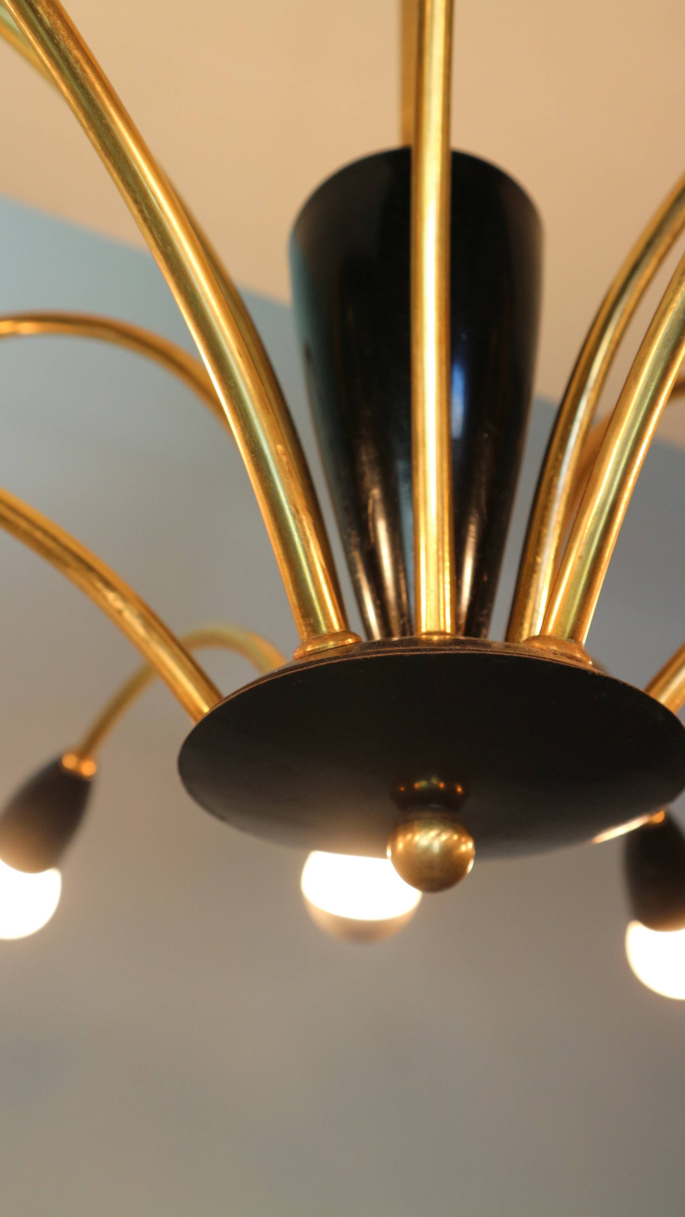 Italian Black and brass 12 arm Spider Chandelier  1950s