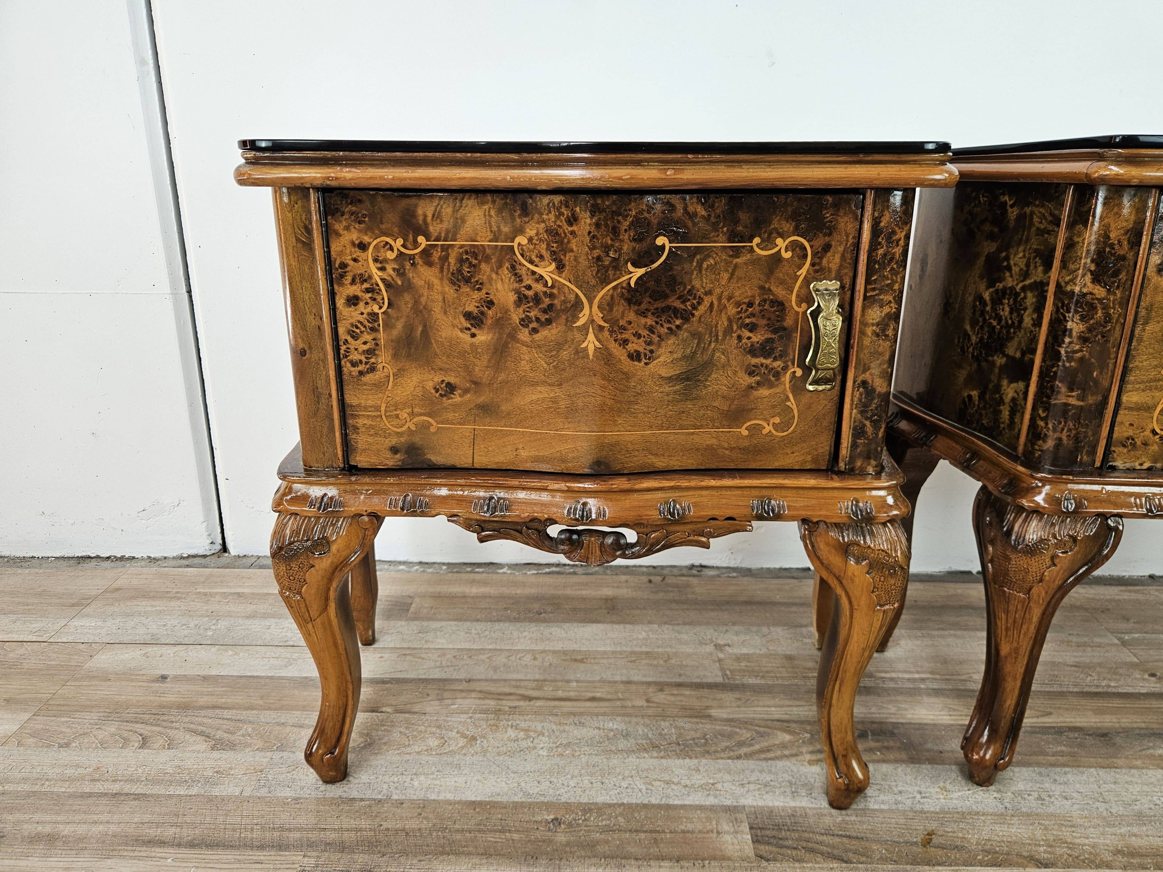 1950s Chippendale bedside tables with black glass