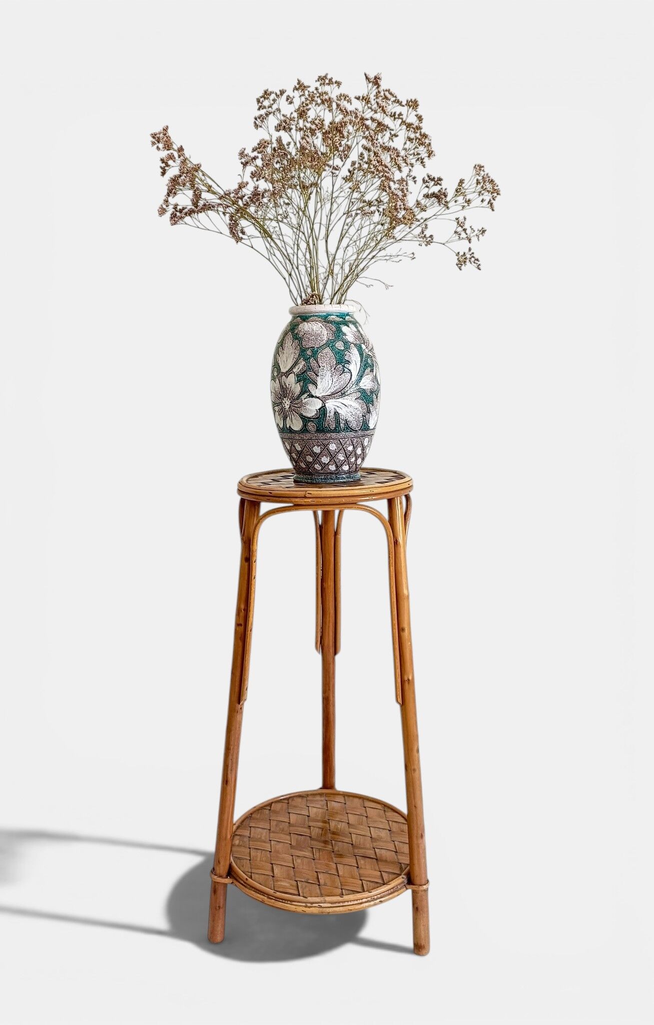 Table d'appoint, support à plante en bois, bambou et roseau, années 1960