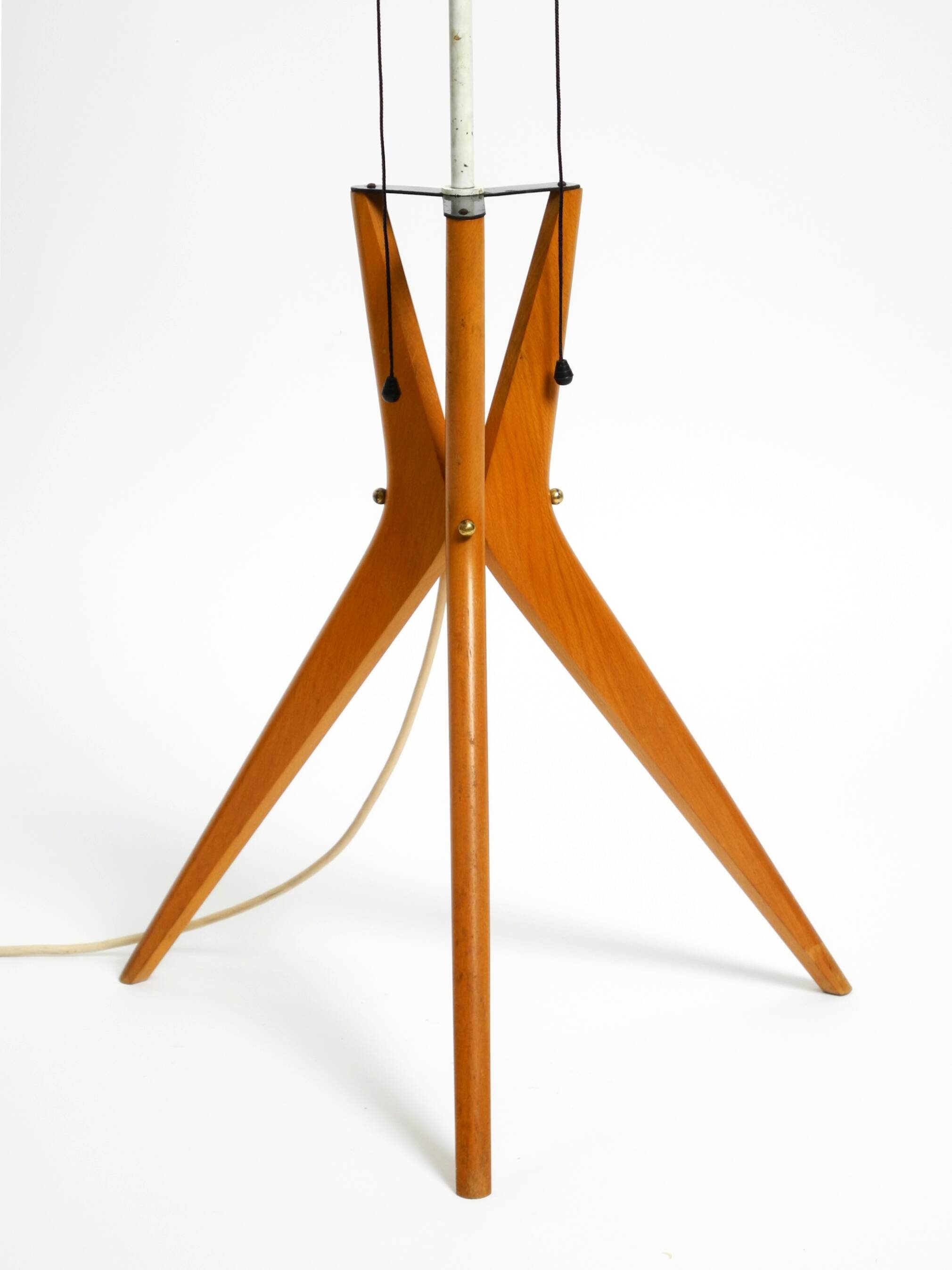 Mid Century Modern tripod walnut wood floor lamp with large fabric shade