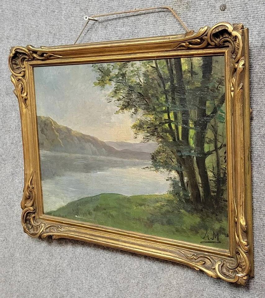 A Maury: oil on canvas painting view of Lake Annecy around 1920