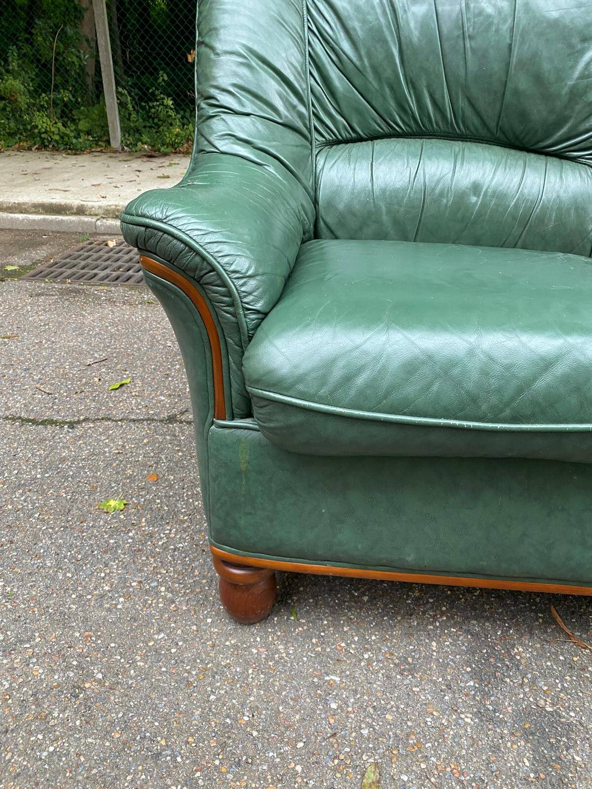 Canape Vert + 2 Fauteuils Cuir - Ensemble JV Möbel - Bon État