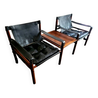 Ensemble de 2 fauteuils et leur tablette Sirocco Safari Chair en cuir noir Elmo  de 1964.