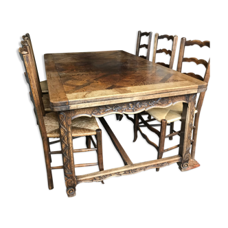 Table bois marqueté de ferme et 6 chaises