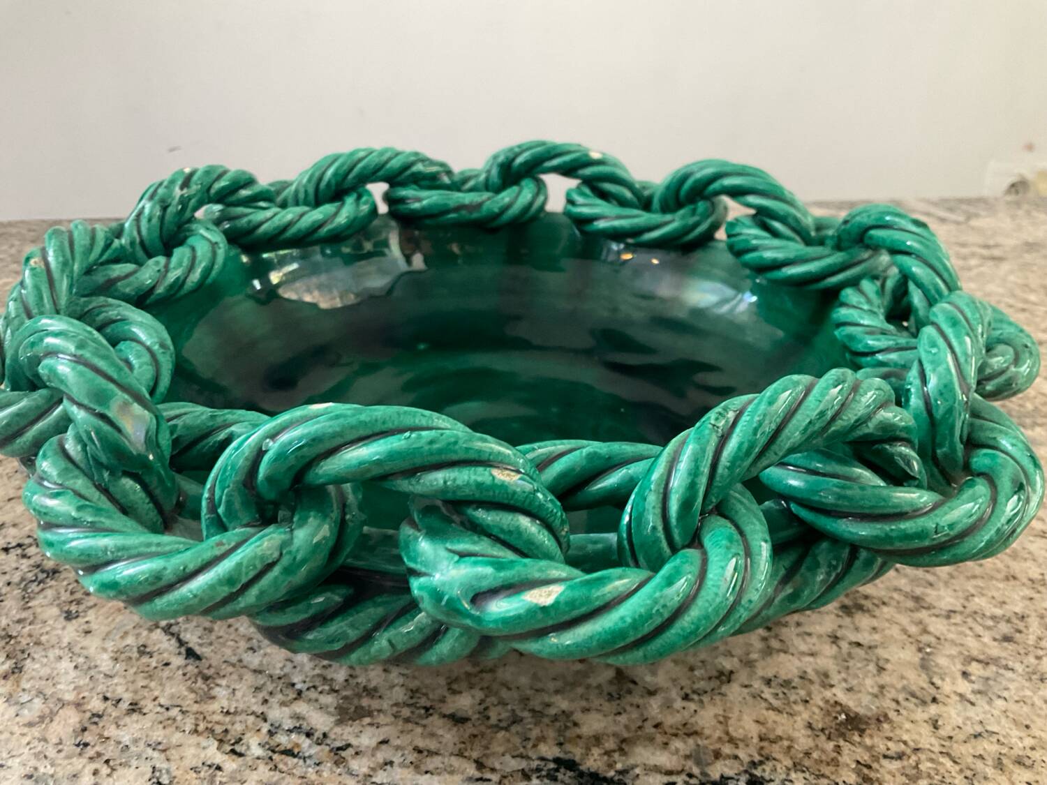 Large ceramic dish from Vallauris with green enamelled rope