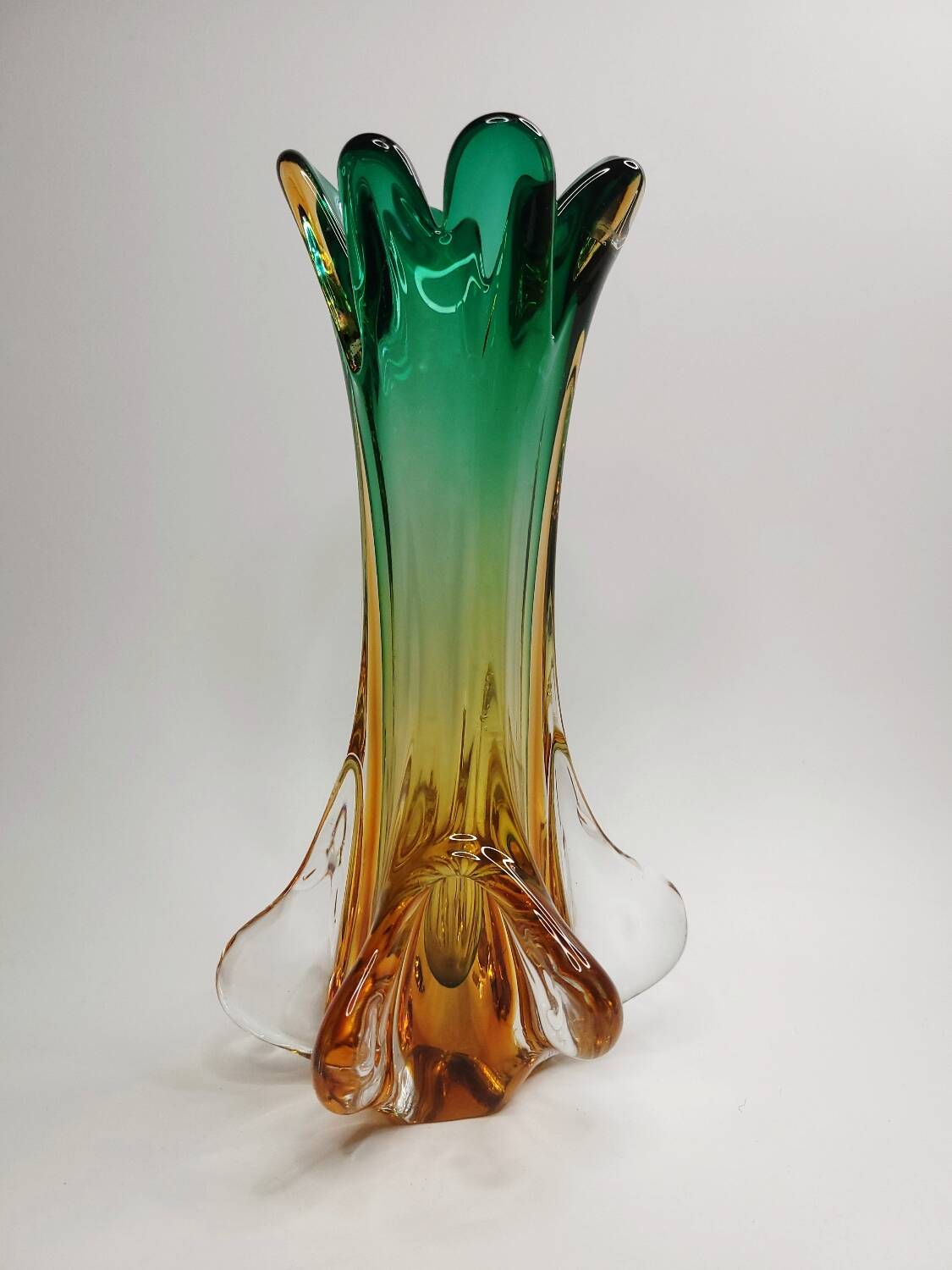 Artistic glass vase in green and amber shades – 1960s/70s