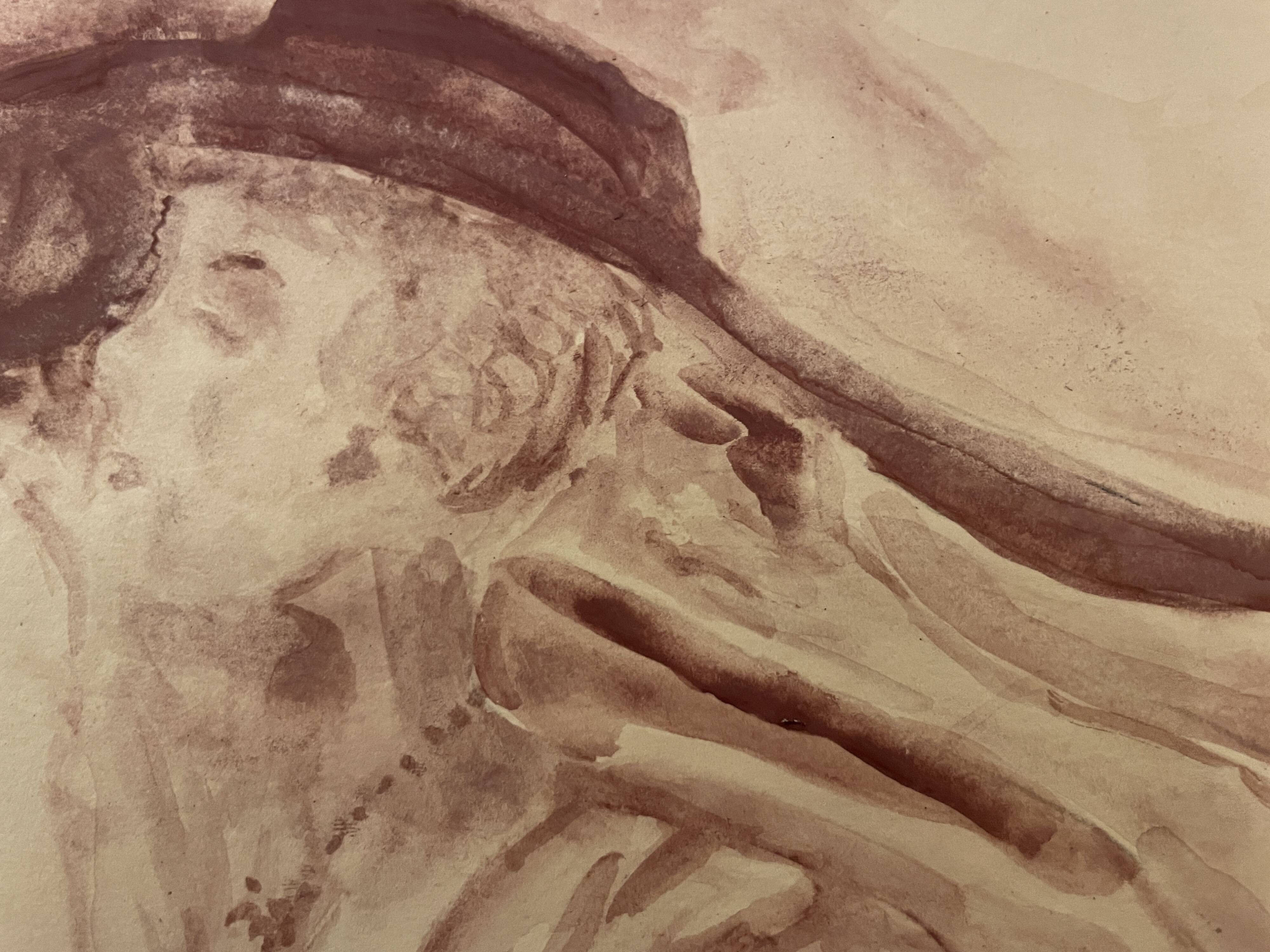 Signed painting monochrome watercolor caput mortum female portrait "Belle époque"