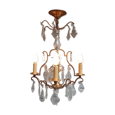 Lustre cage 4 feux à pampilles de cristal