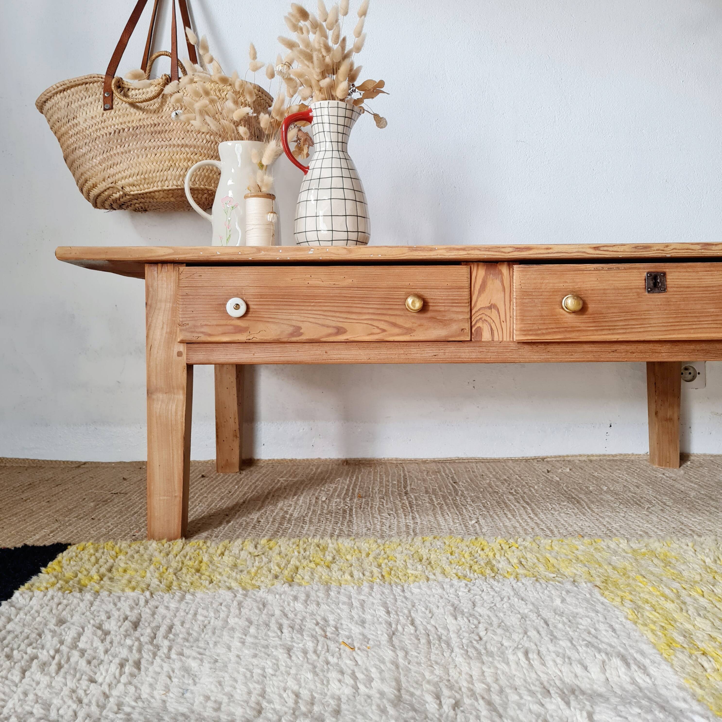 Table de ferme basse en bois 2 tiroirs