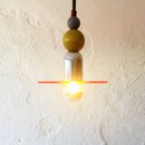 Hanging lamp with repurposed parts and fabric thread