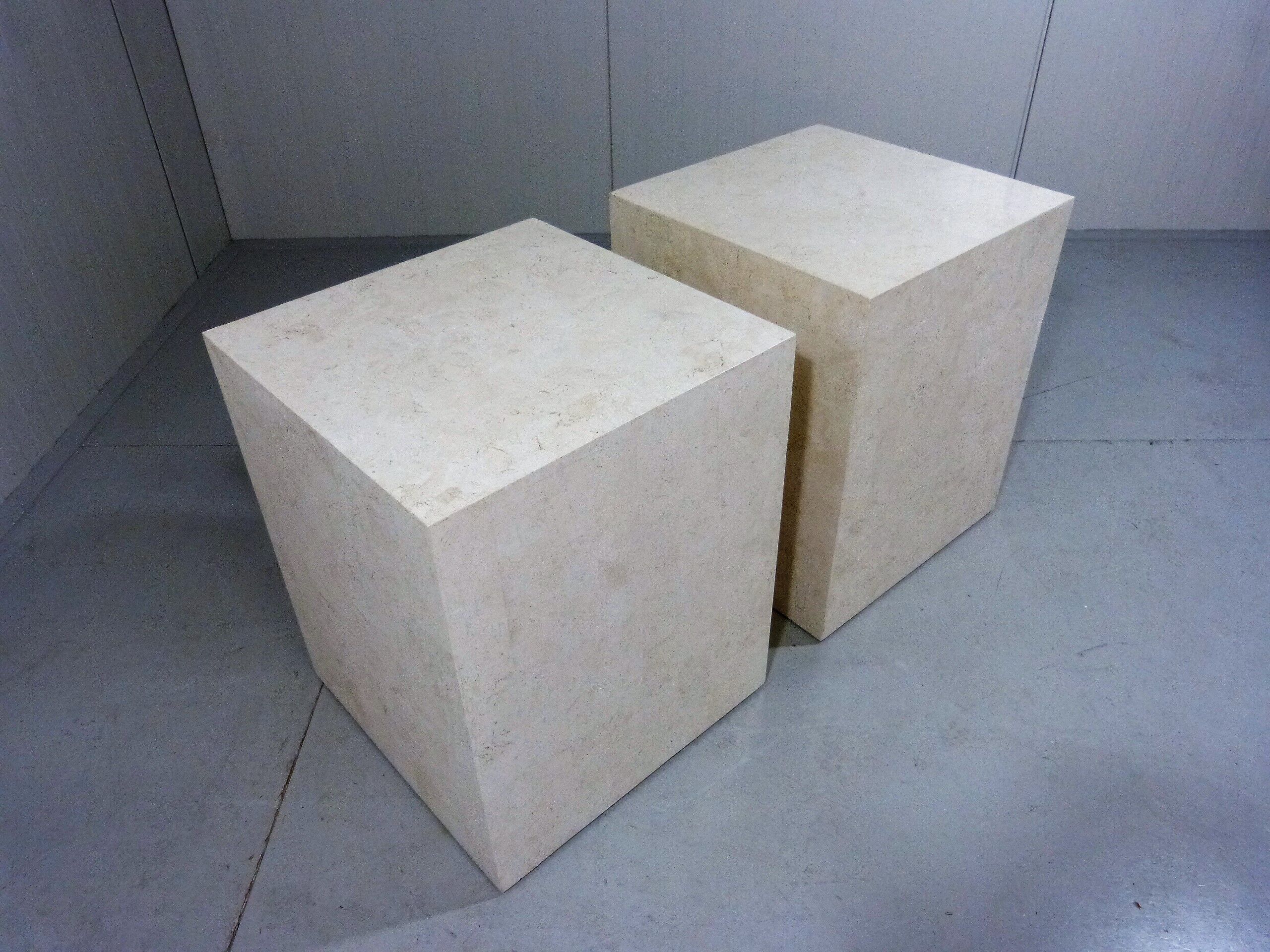 Set of 2 Italian travertine pedestals or side tables 1980’s