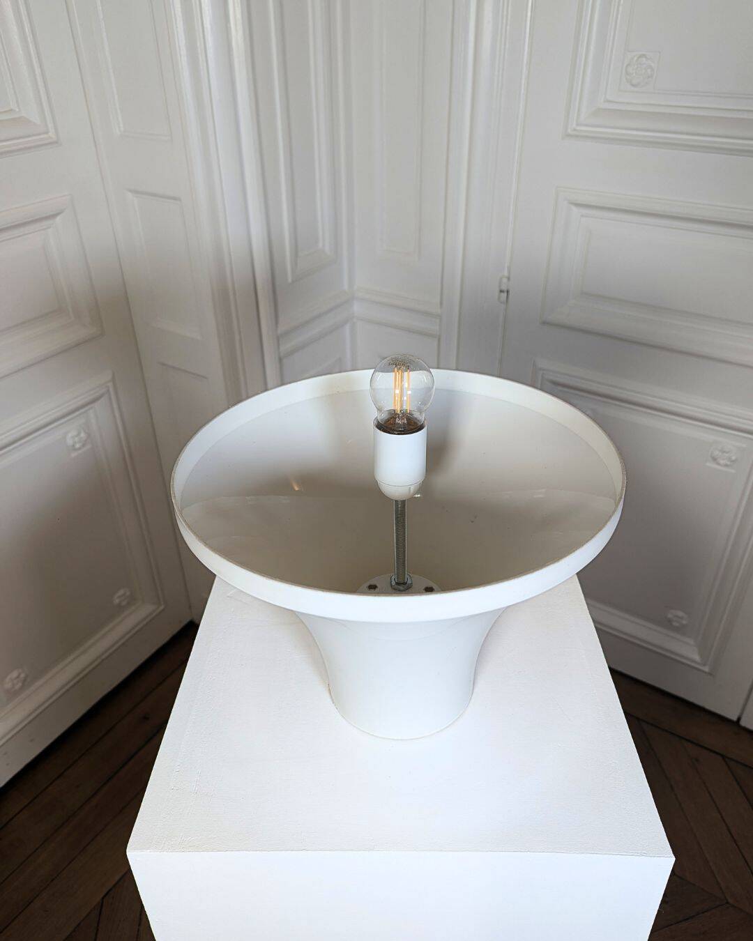 1970s “Mushroom” designer lamp in opaline glass and ABS base.