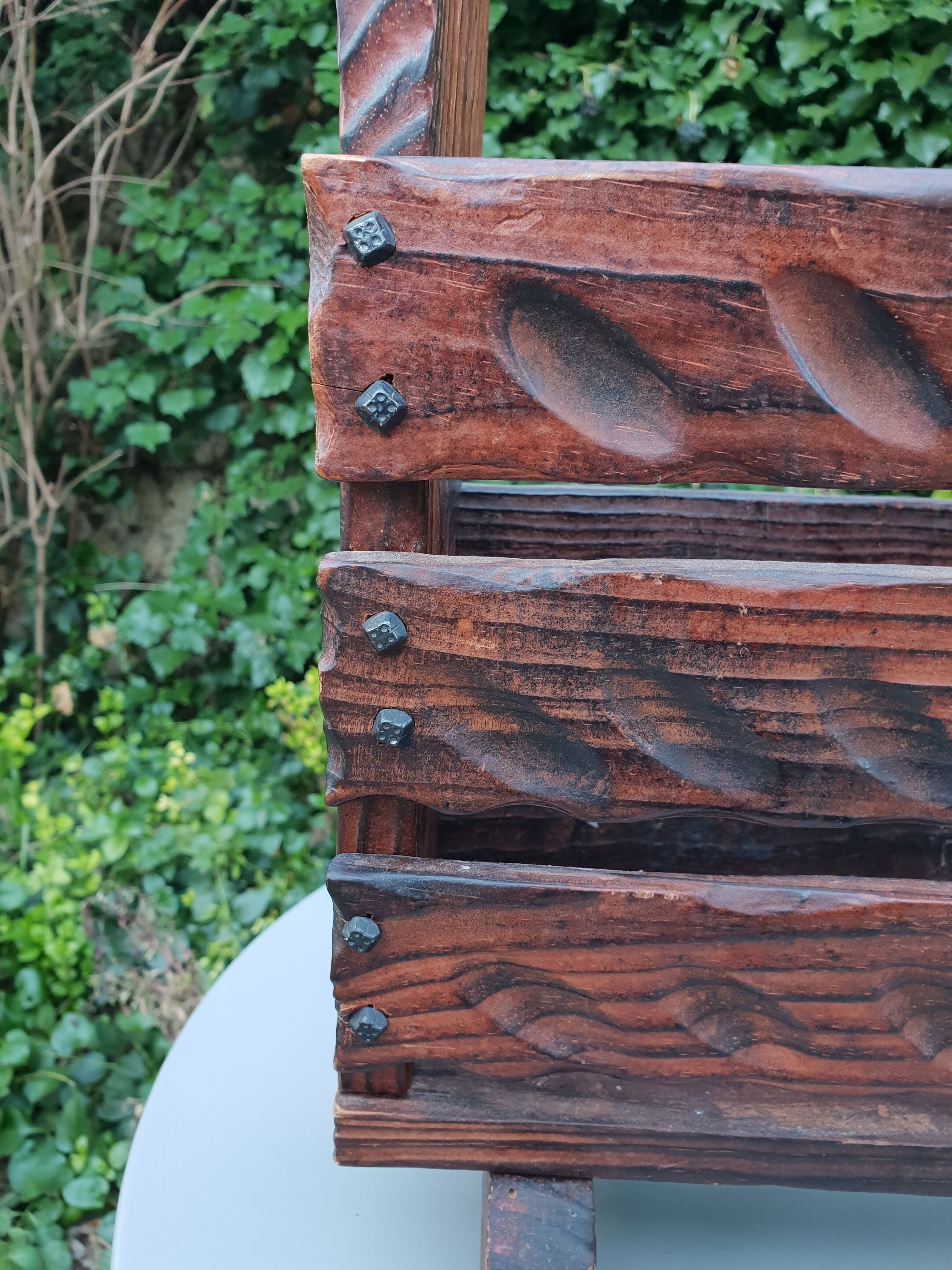 Brutalist pine magazine holder 1970