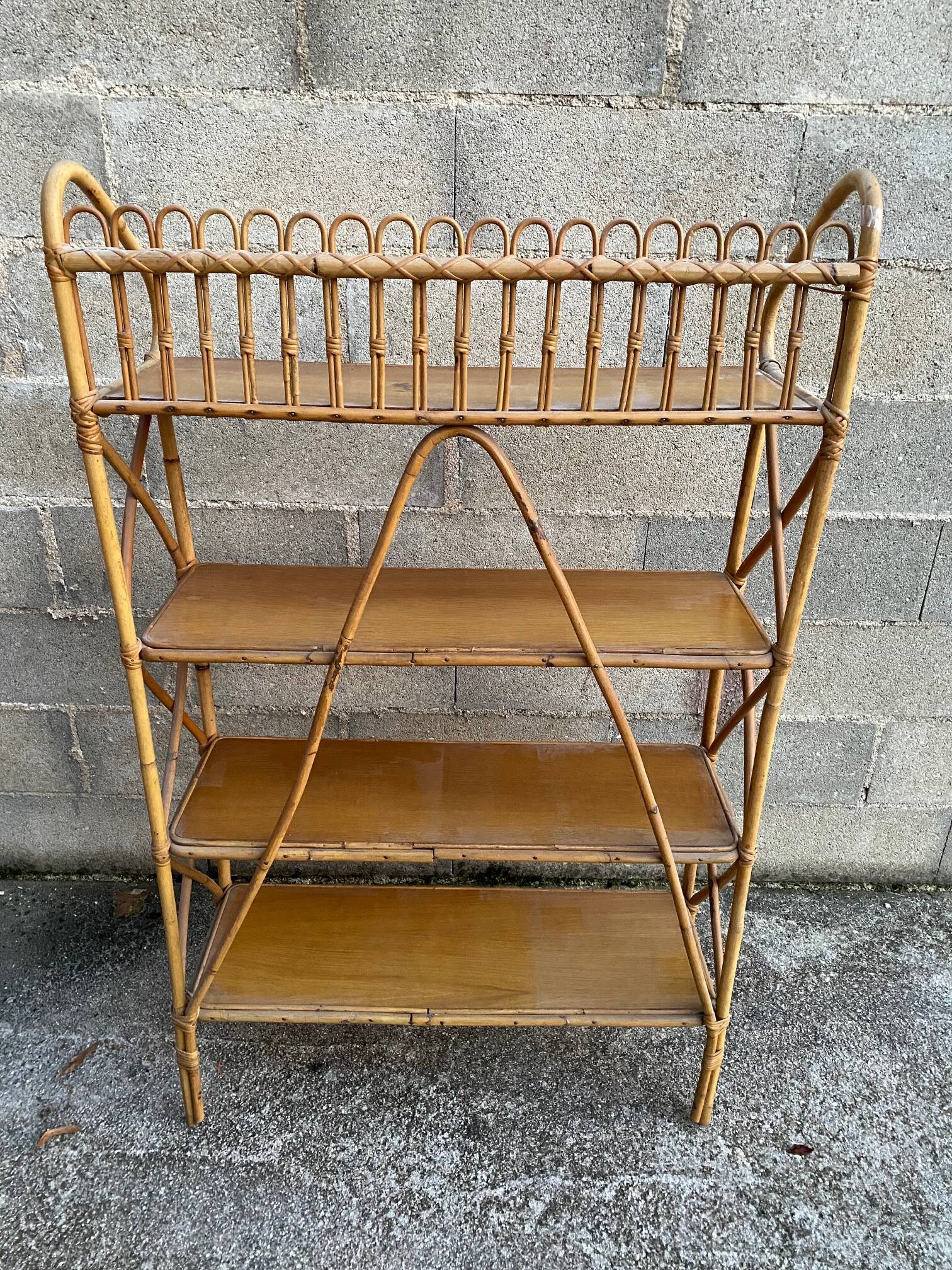 vintage rattan shelf on stand