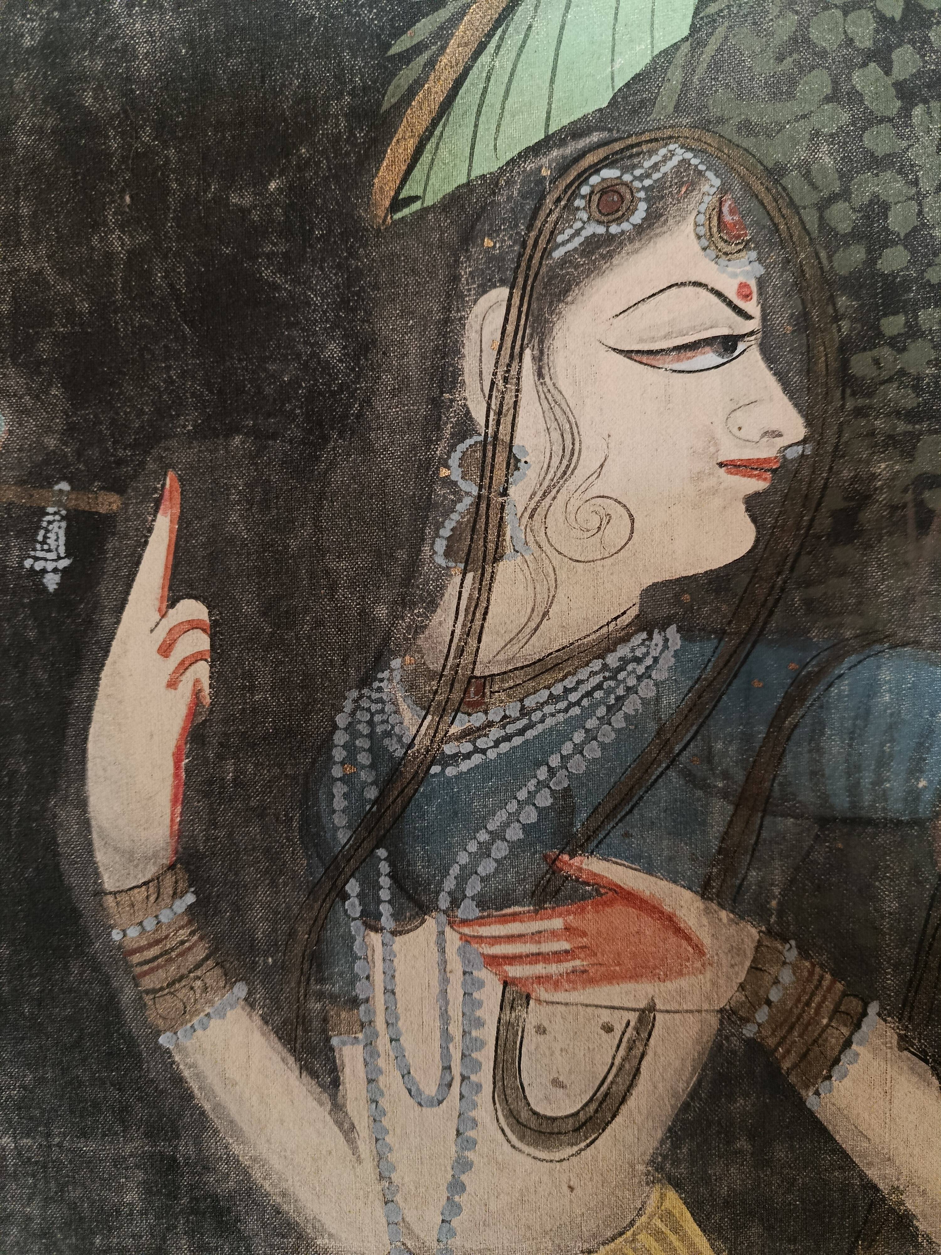 INDIA PICHWAI painting on silk KRISHNA RADHA GOPIS, Kanera Rajasthan mid 20th century