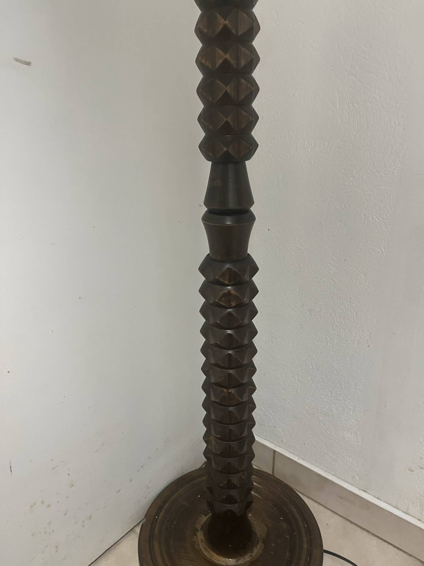 Large vintage turned wooden floor lamp — Brutalist style