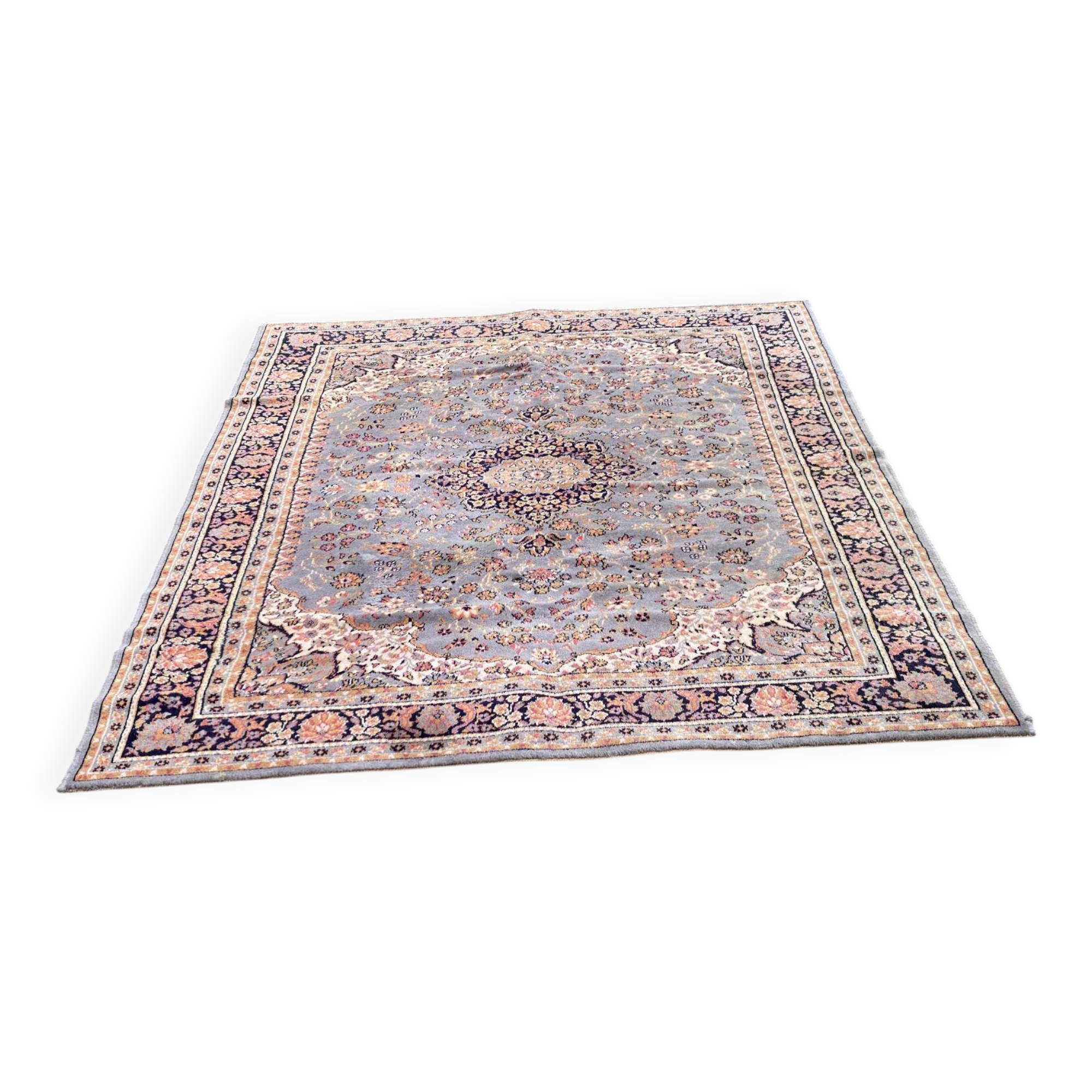 Beige and blue wool Persian rug with a velvet effect, 170x240cm.