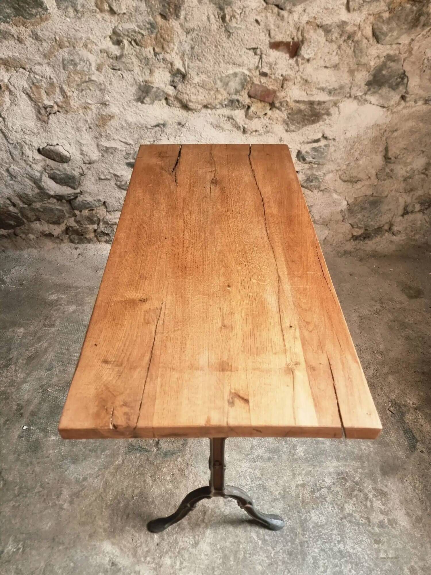 Vintage French Bistro Table | 1960s/70s Oak Top & Cast Iron Base | Retro Coffee & Wine Table