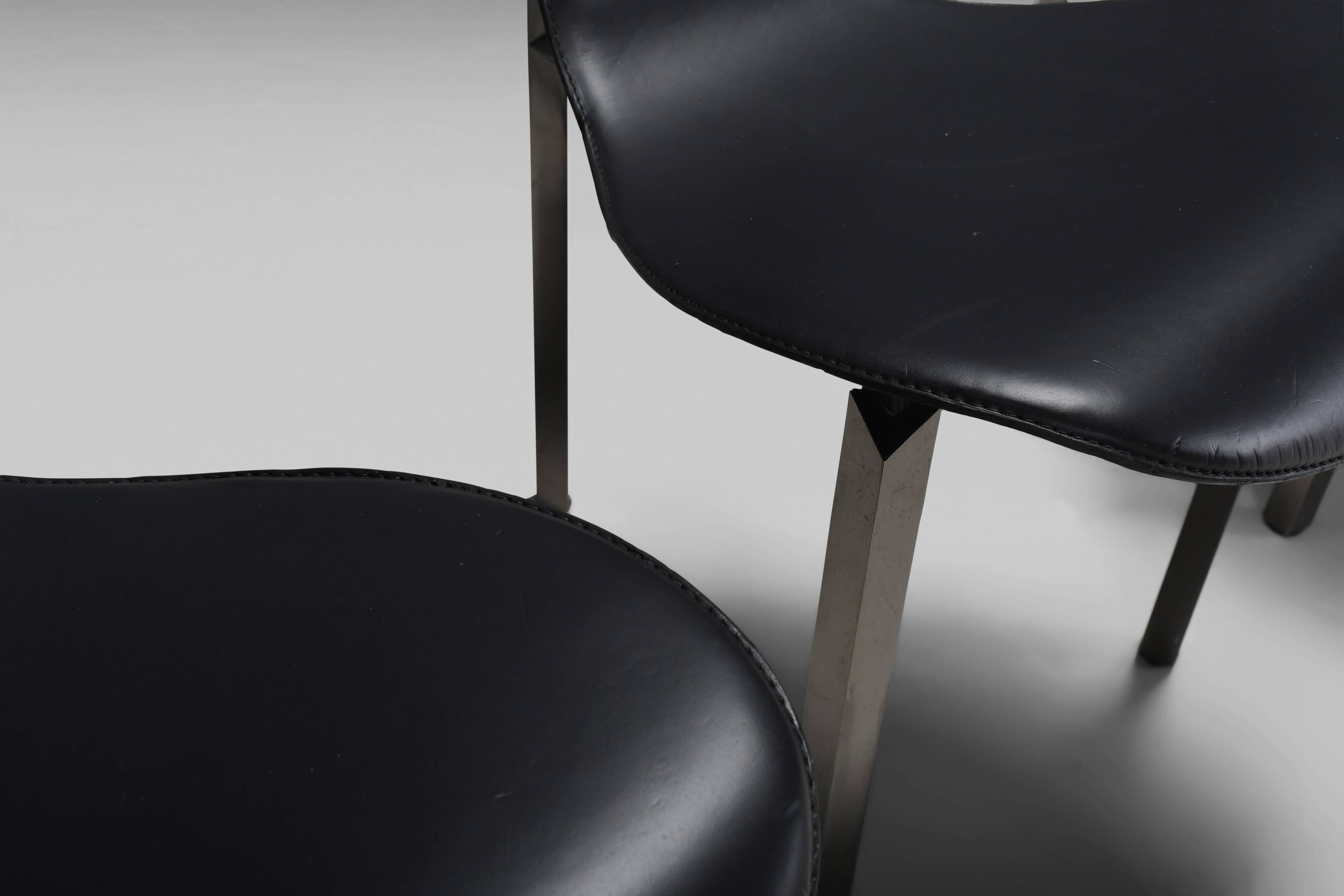 Leather Three-Legged Chairs with Chrome Finishes, Italy, 1970s