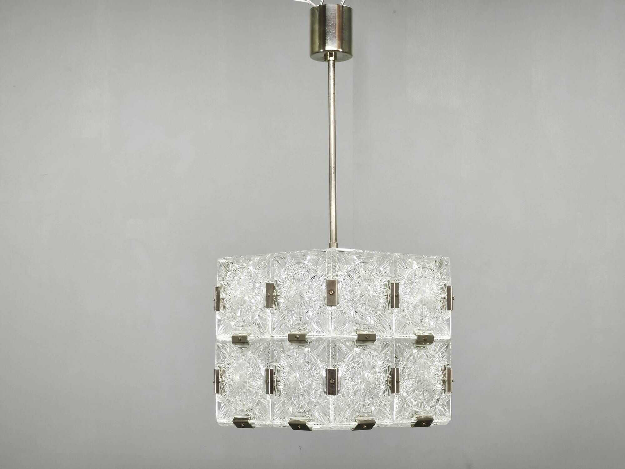1970s Kamenicky Senov Czech Crystal Glass and Chrome Pendant Light