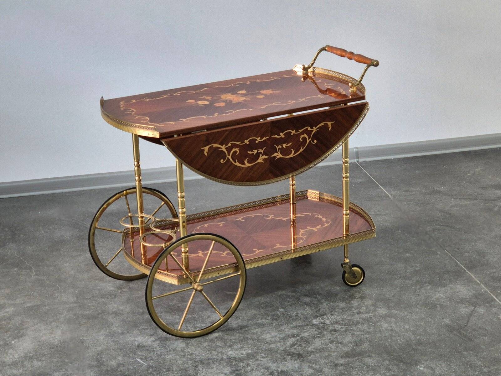 1970s drinks bar cart with side flaps in marquetry