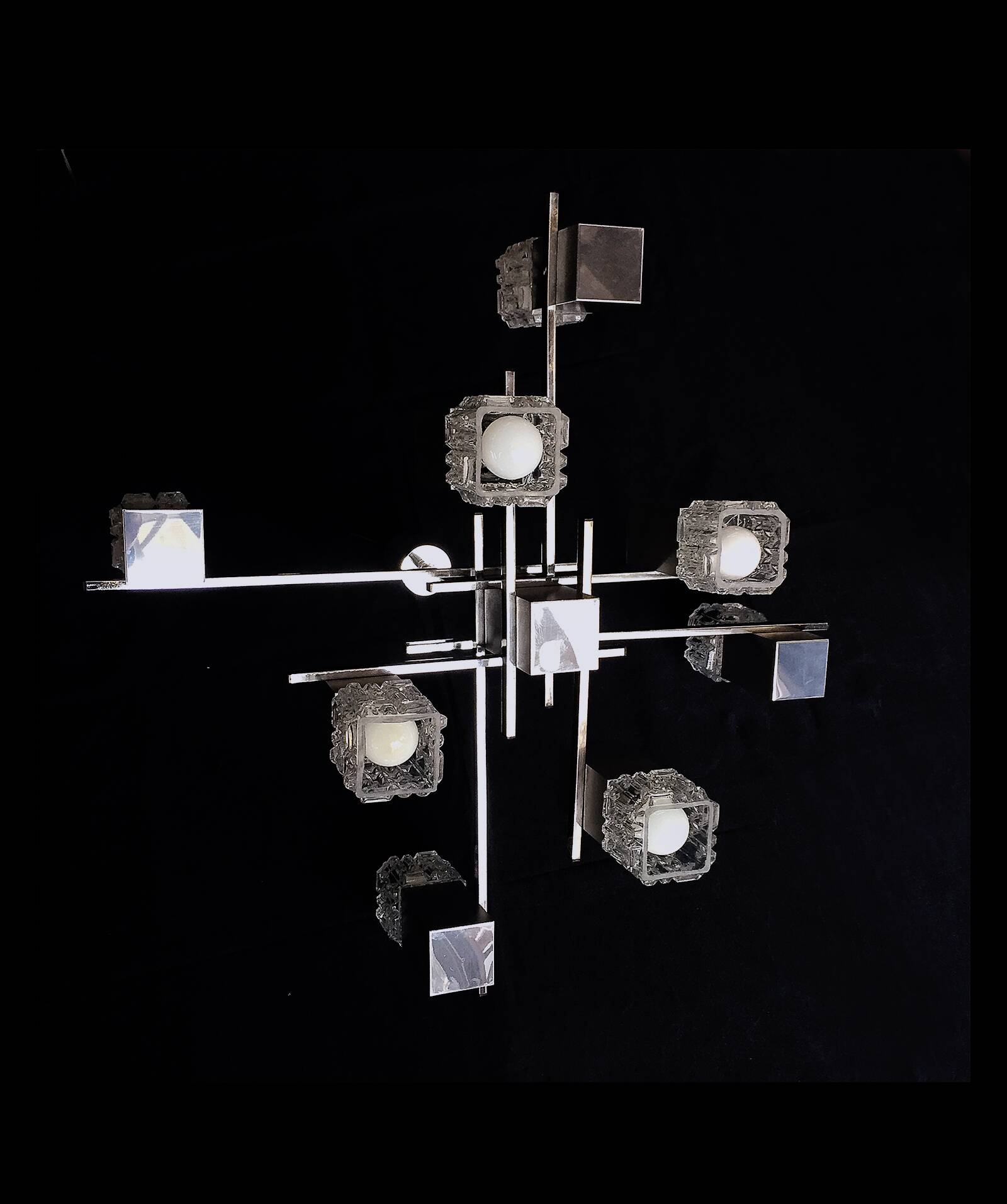 Sciolari chrome, stainless steel and structured glass chandelier