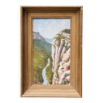 Huile sur panneau signée, paysage de montagne