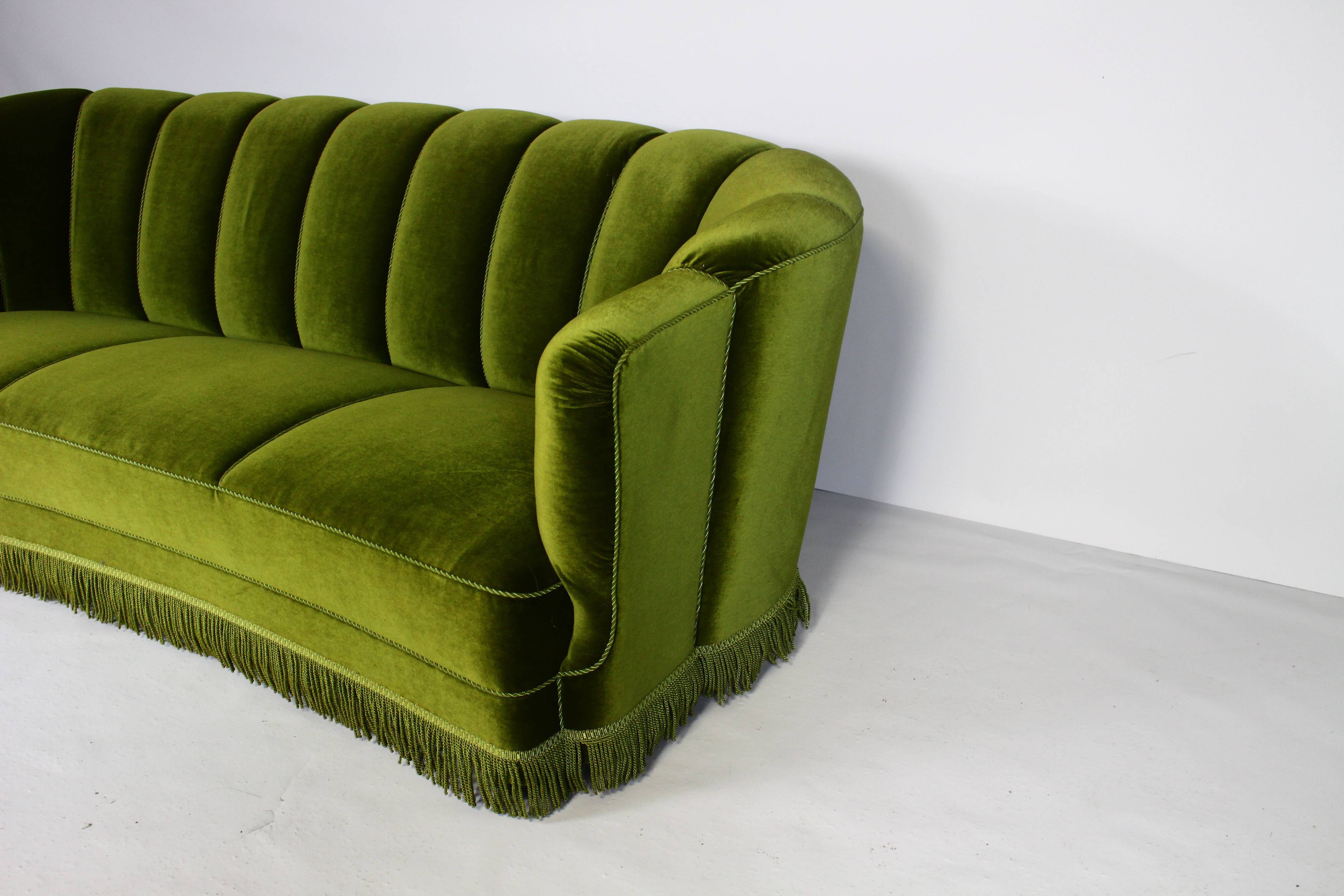 1940s art deco green velvet banana sofa, Denmark