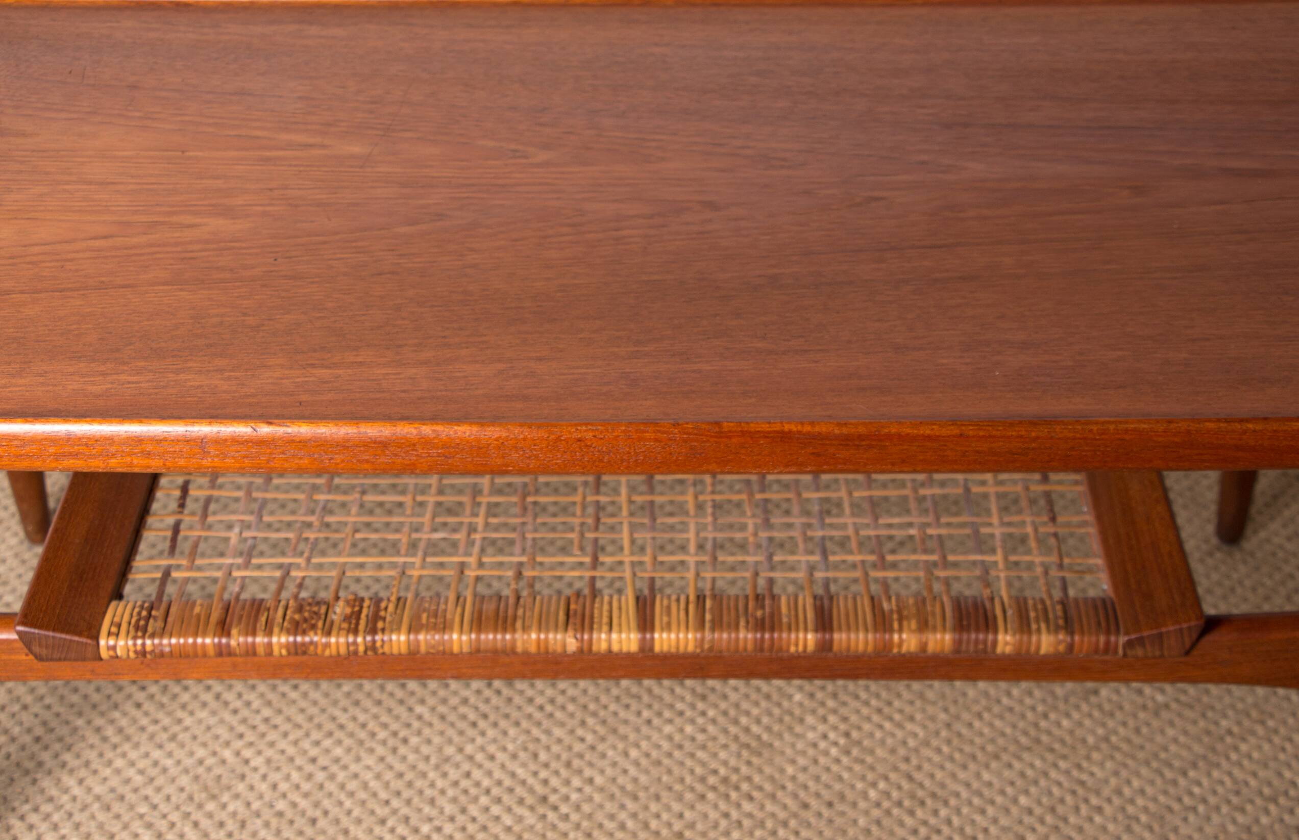 Danish coffee table in teak and rattan by KT Mobler 1960