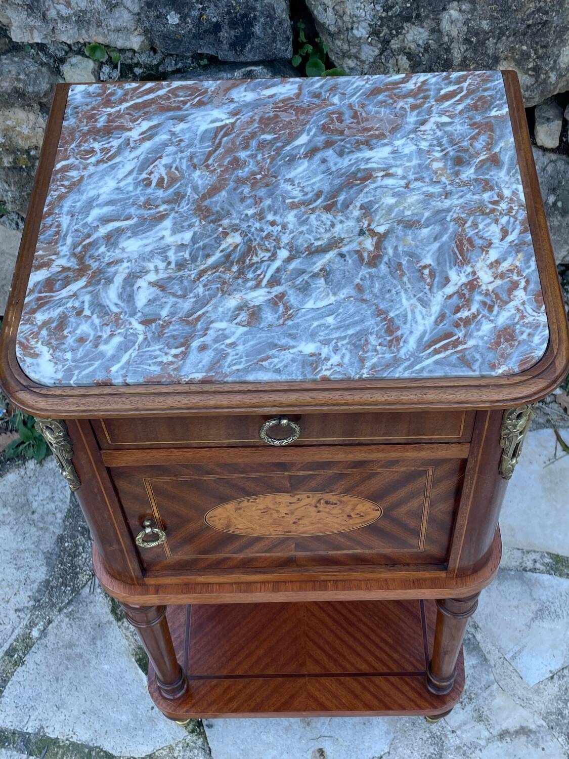 Bedside table in wood marquetry from the 19th century