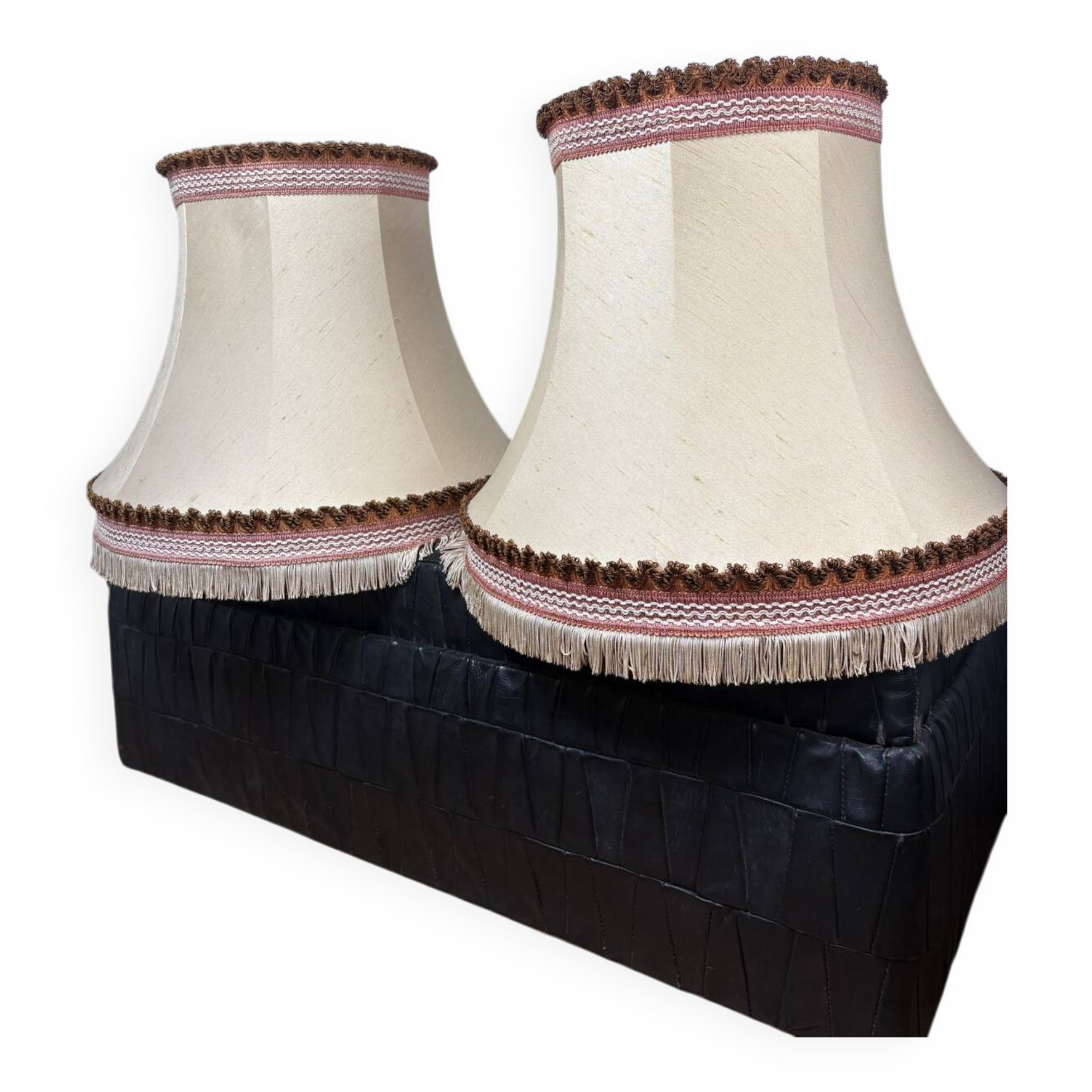 Pair of antique fabric lampshades with fringe