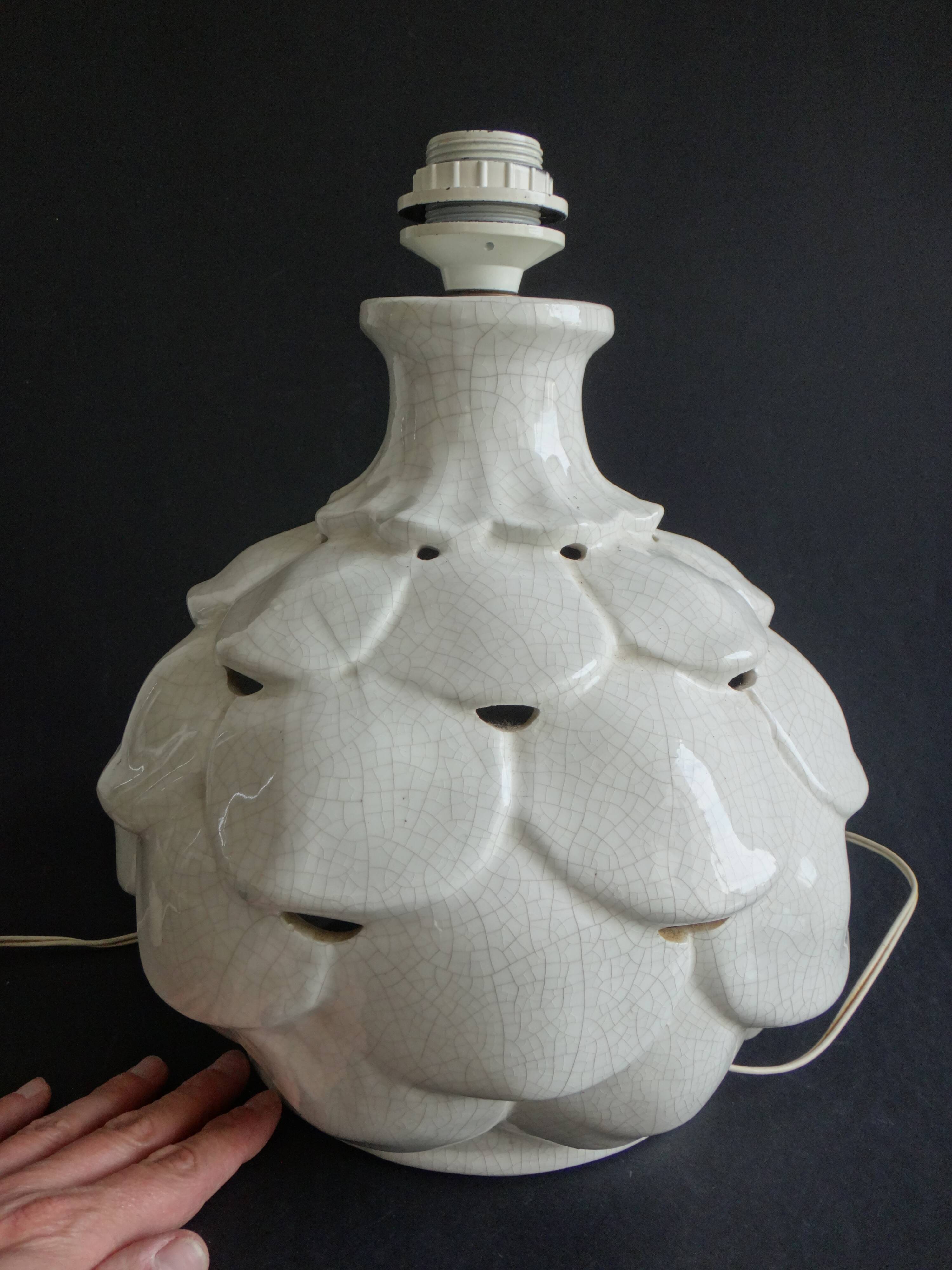 Pied de lampe forme artichaut faience craquelé 1970