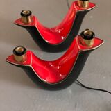 Pair of double fire lamps in red and black ceramic 50s