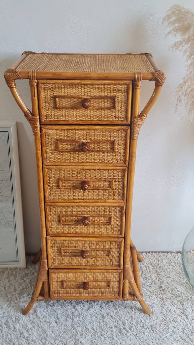 Rattan chest of drawers from the 1970s.