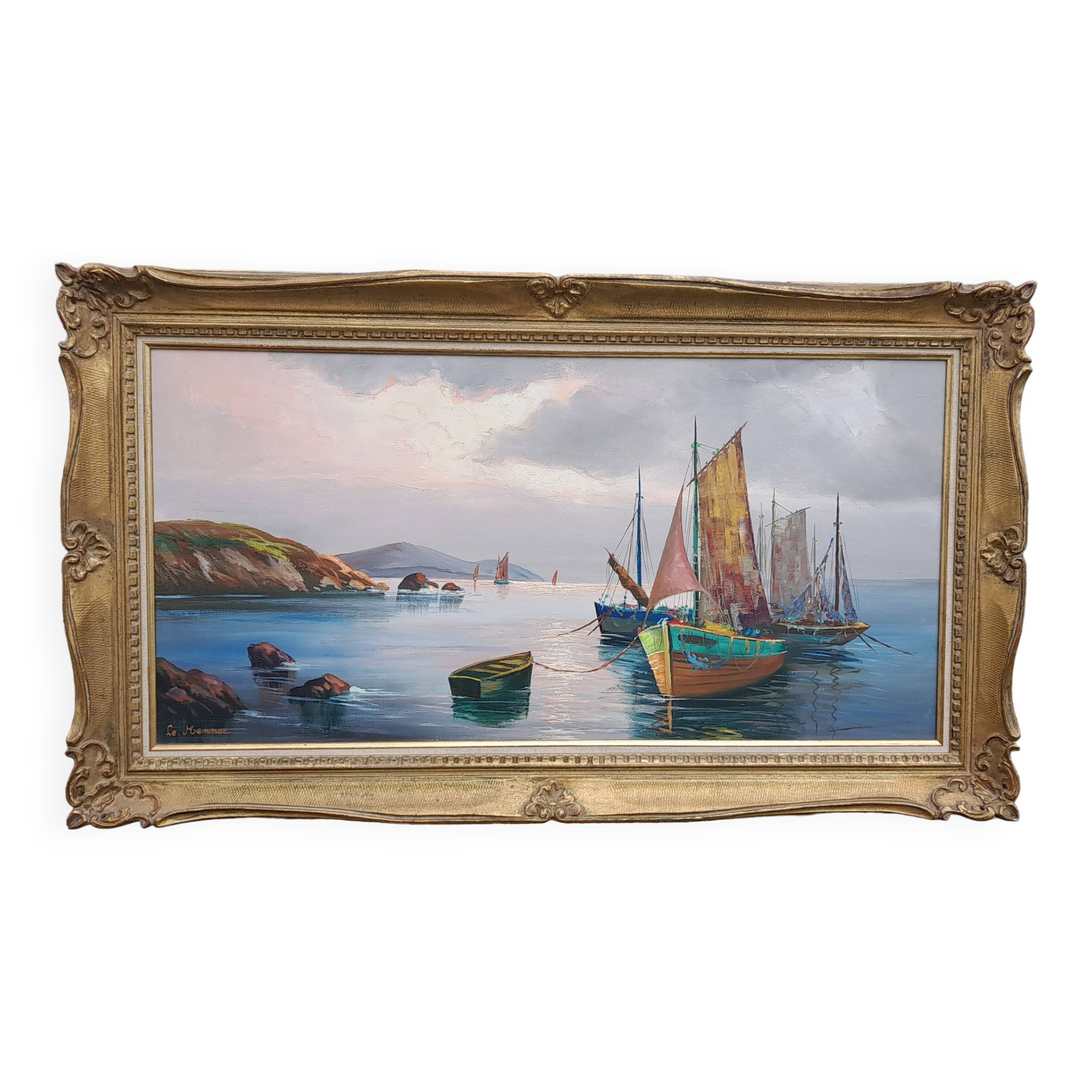 Framed oil on canvas signed Le Mennec fishing boats in Brittany 50 x 100 cm