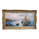 Framed oil on canvas signed Le Mennec fishing boats in Brittany 50 x 100 cm